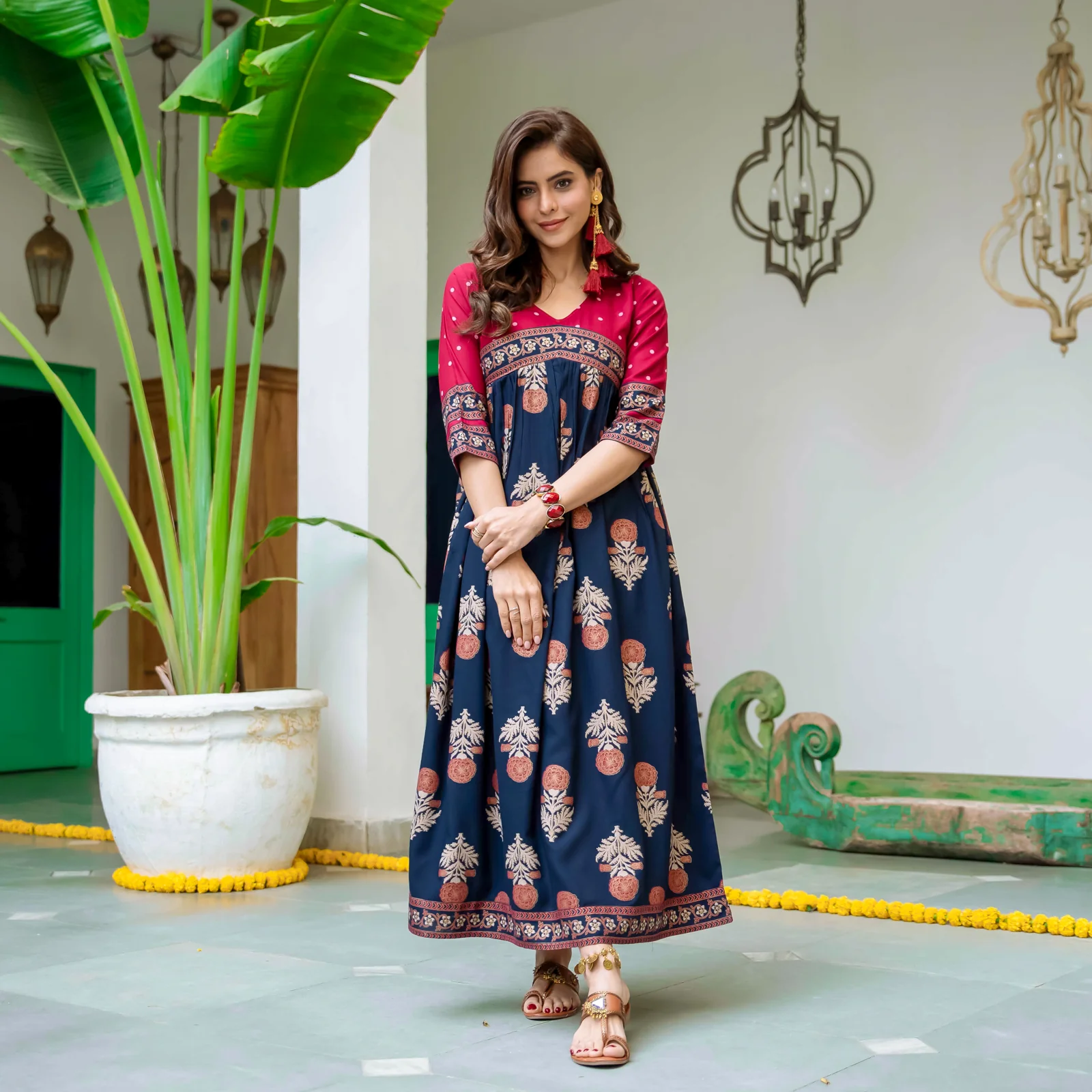 Blue & Maroon V Neck Alia Cut Dress with Gold Buta & Polka Prints - Image 14