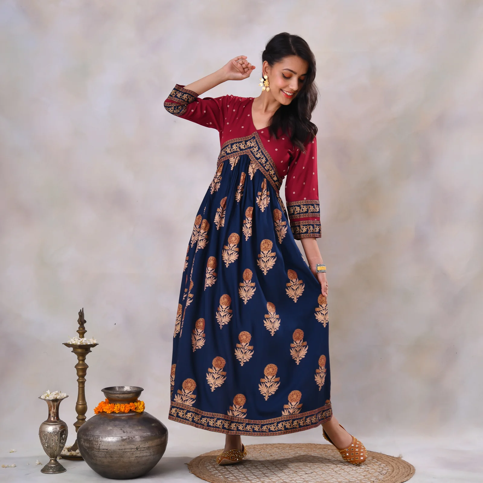 Blue & Maroon V Neck Alia Cut Dress with Gold Buta & Polka Prints - Image 15