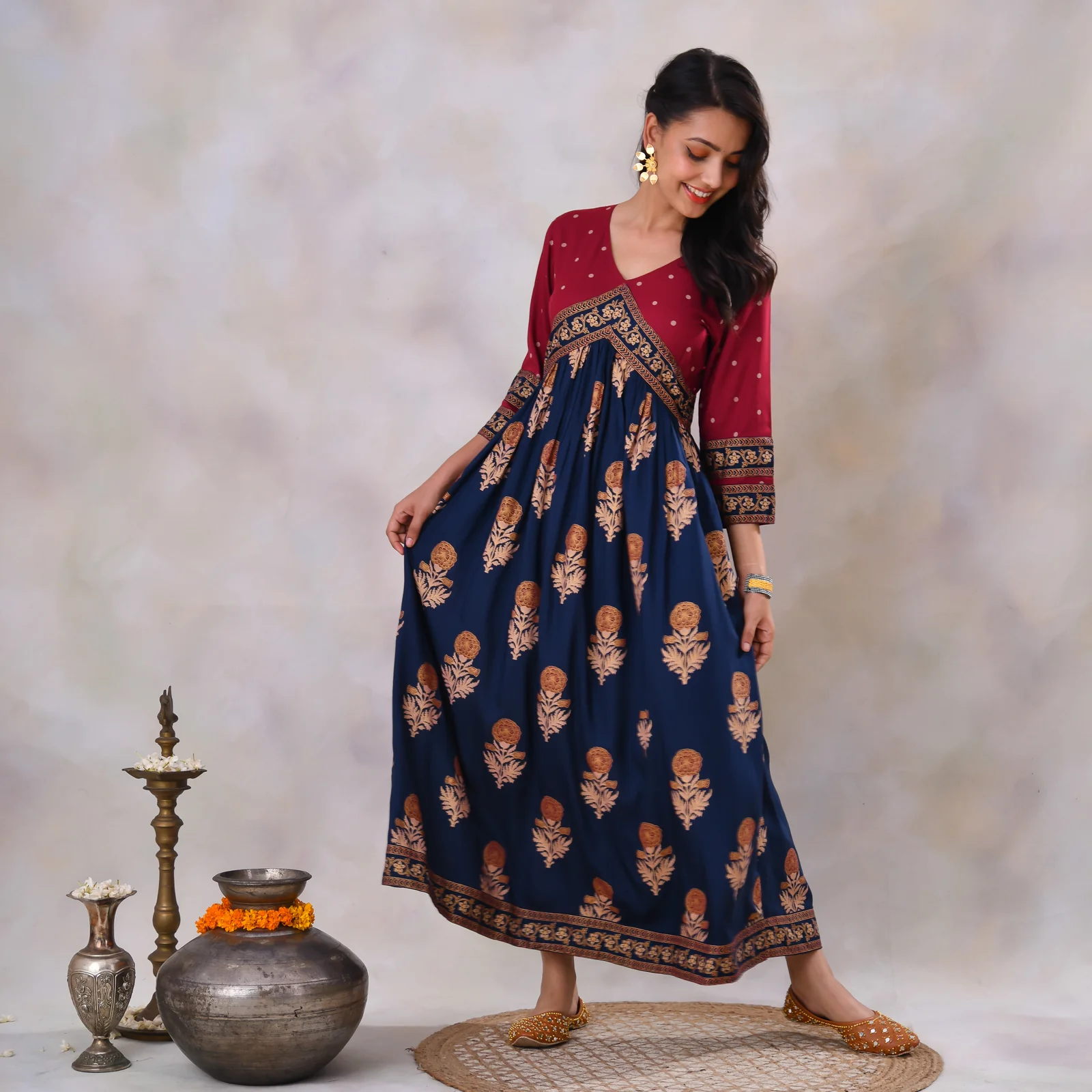 Blue & Maroon V Neck Alia Cut Dress with Gold Buta & Polka Prints - Image 16