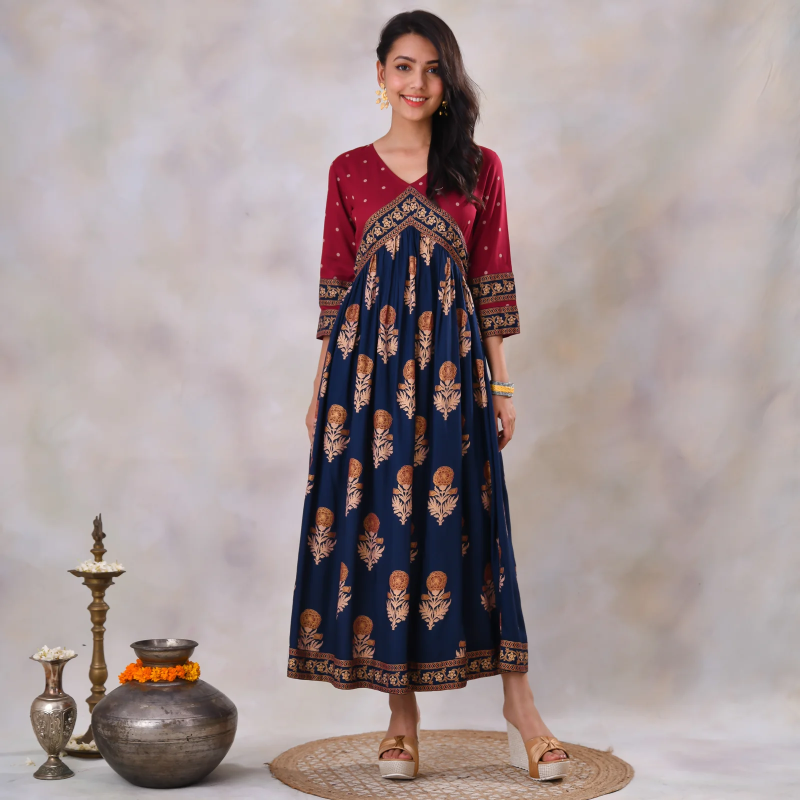 Blue & Maroon V Neck Alia Cut Dress with Gold Buta & Polka Prints - Image 17