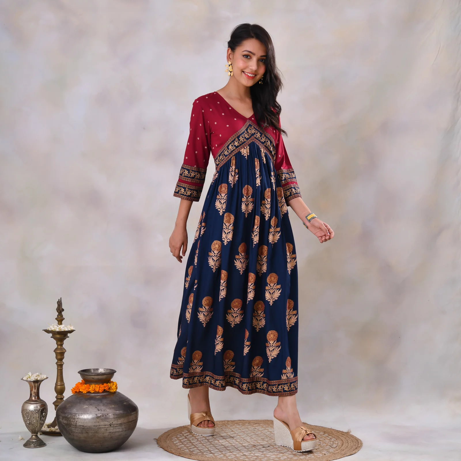 Blue & Maroon V Neck Alia Cut Dress with Gold Buta & Polka Prints - Image 18