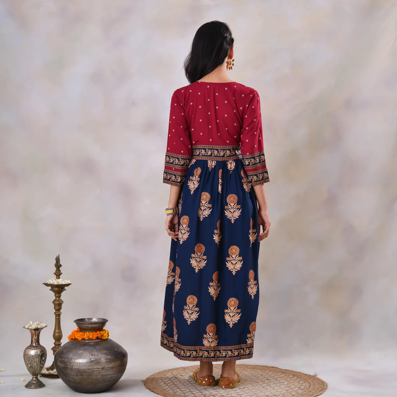 Blue & Maroon V Neck Alia Cut Dress with Gold Buta & Polka Prints - Image 19