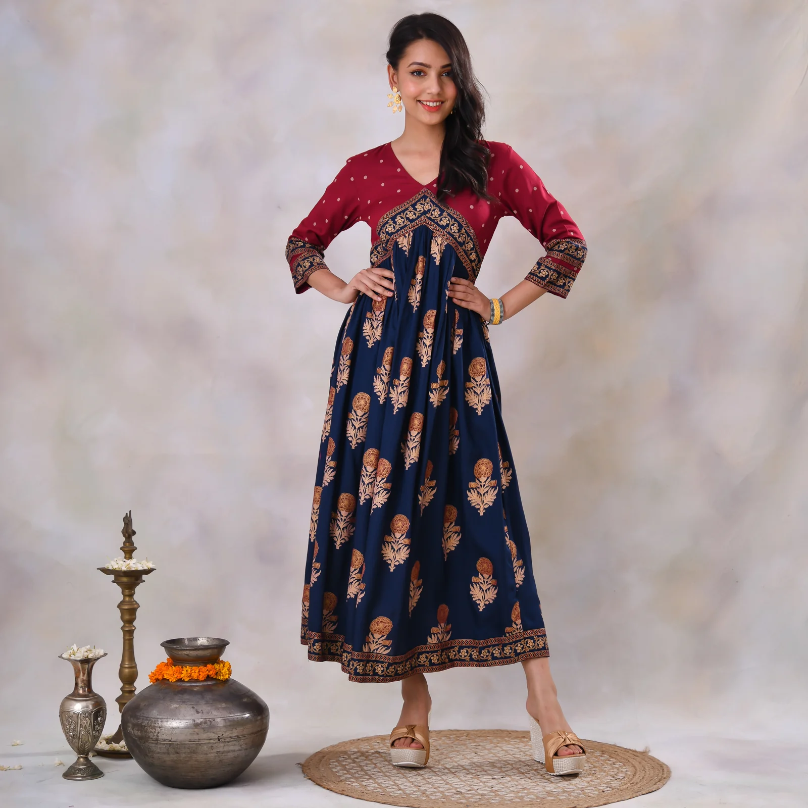 Blue & Maroon V Neck Alia Cut Dress with Gold Buta & Polka Prints - Image 20