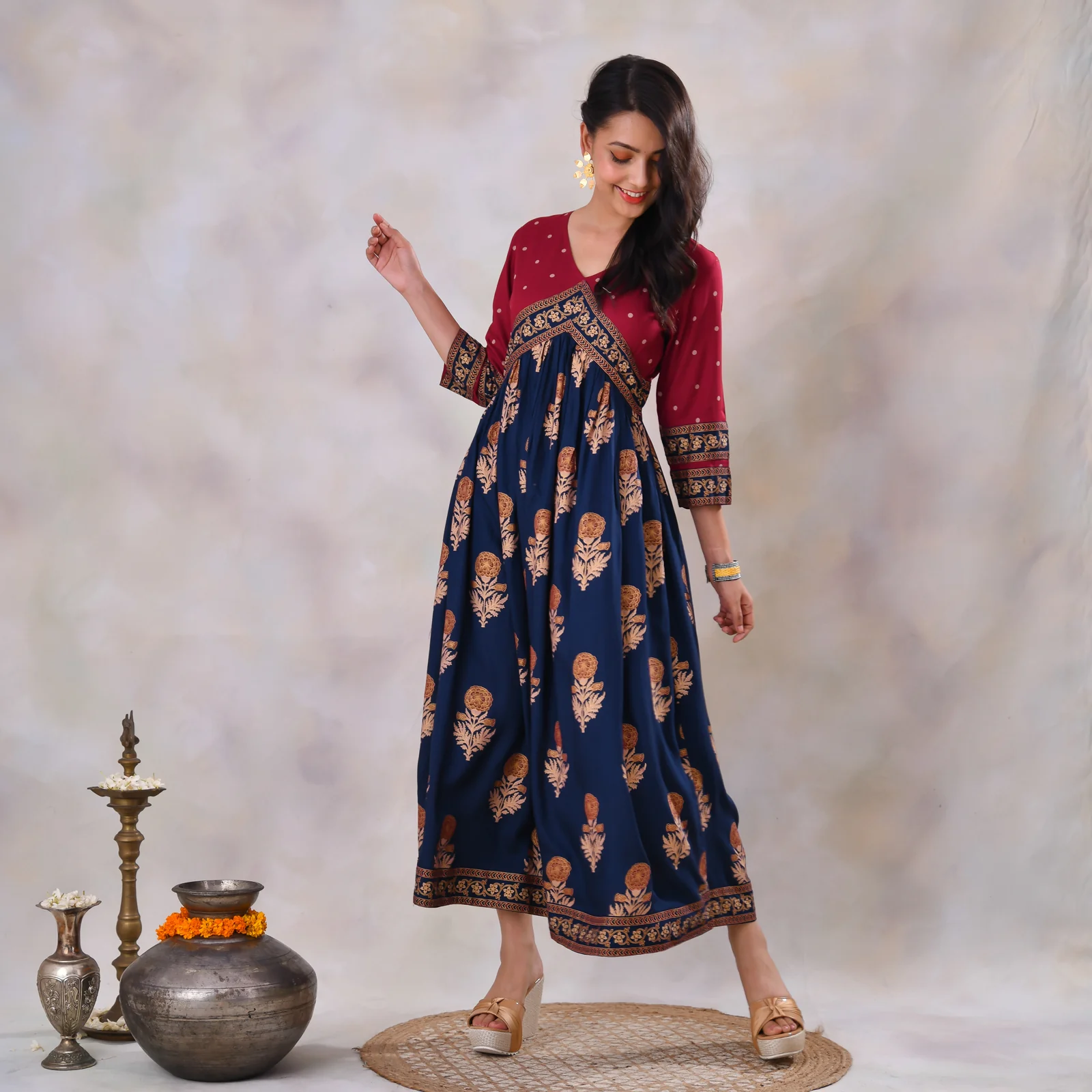 Blue & Maroon V Neck Alia Cut Dress with Gold Buta & Polka Prints - Image 21