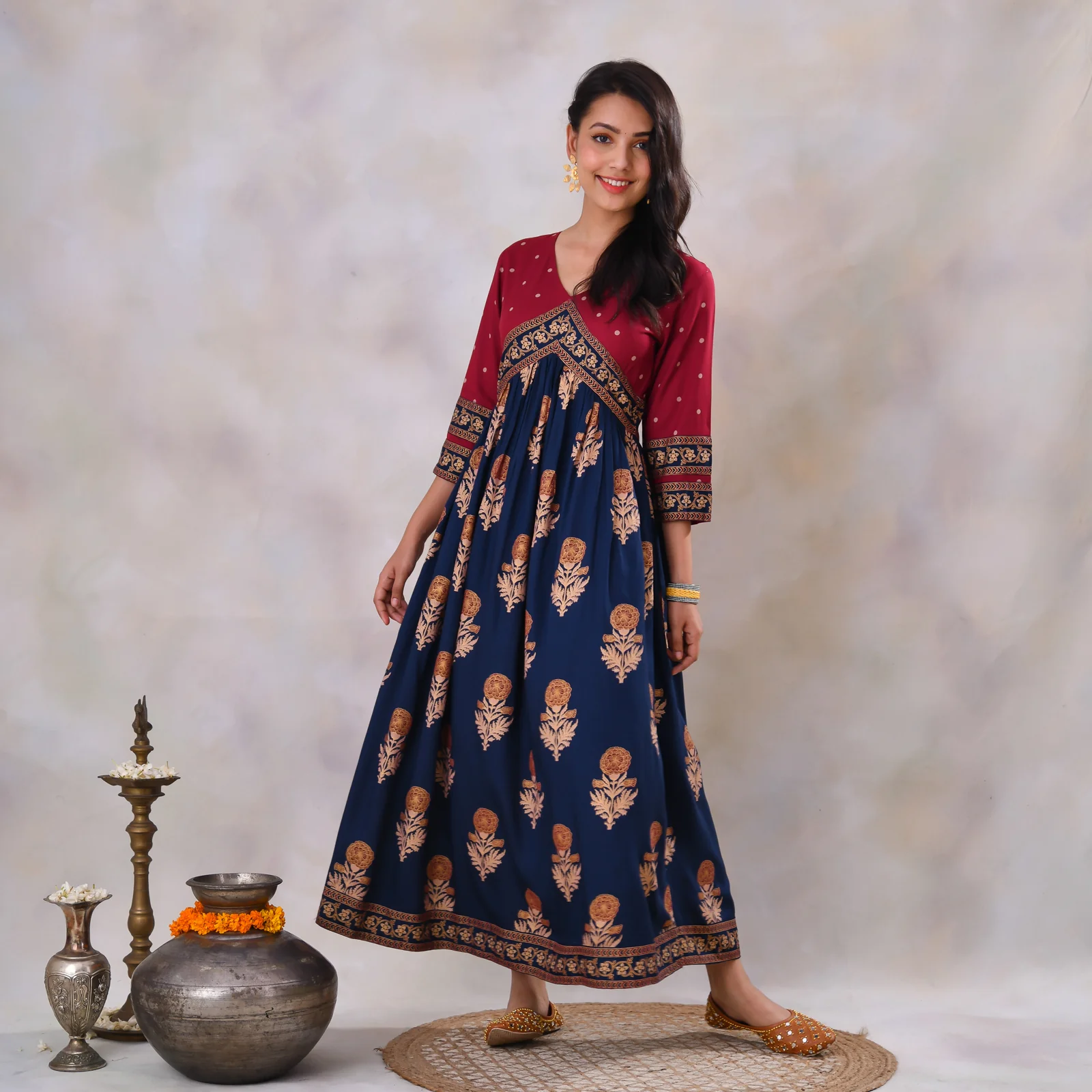 Blue & Maroon V Neck Alia Cut Dress with Gold Buta & Polka Prints - Image 22