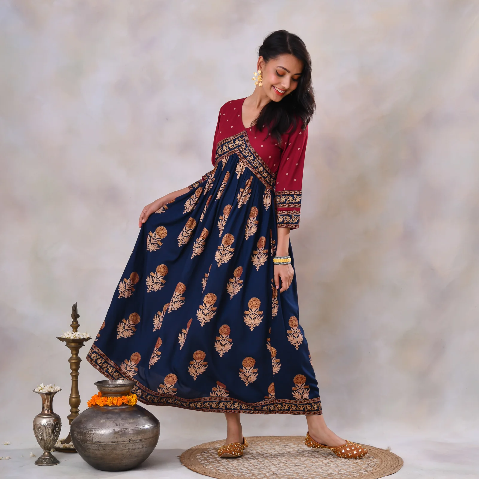 Blue & Maroon V Neck Alia Cut Dress with Gold Buta & Polka Prints - Image 23