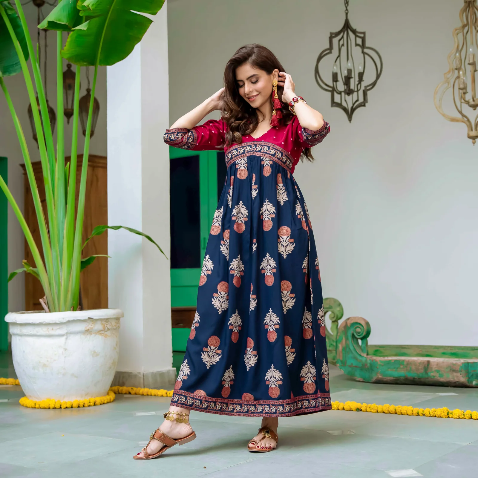Blue & Maroon V Neck Alia Cut Dress with Gold Buta & Polka Prints - Image 24