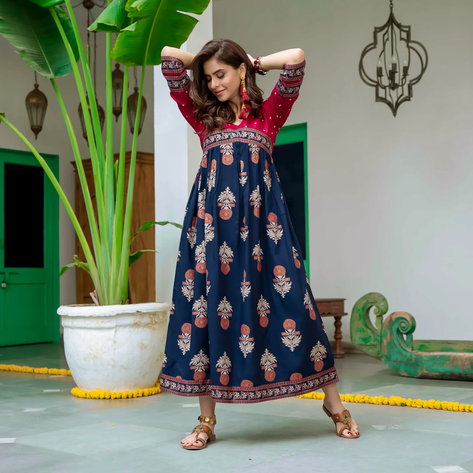 Blue & Maroon V Neck Alia Cut Dress with Gold Buta & Polka Prints - Image 25