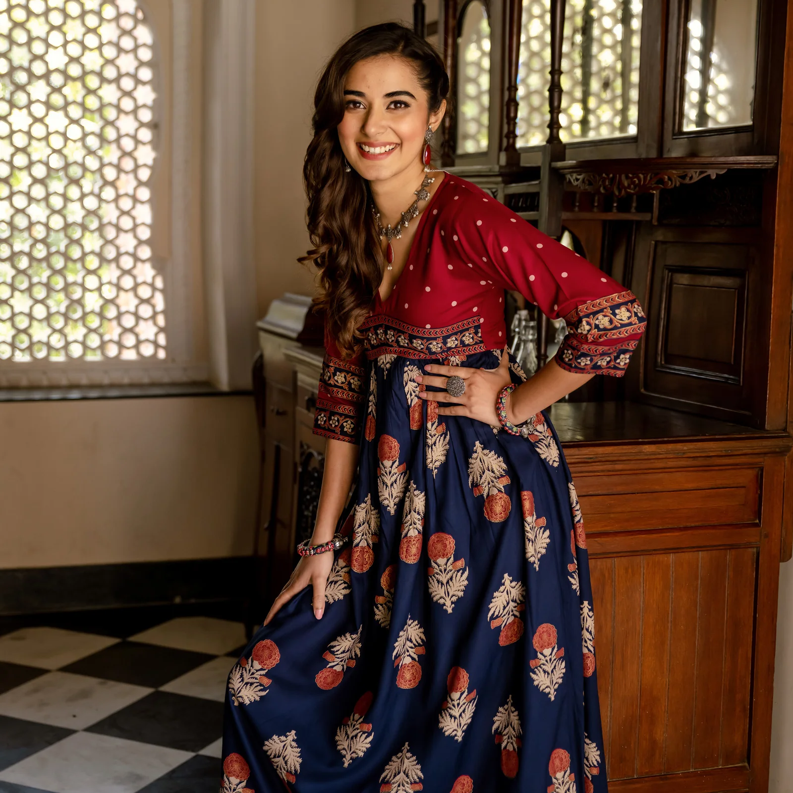 Blue & Maroon V Neck Alia Cut Dress with Gold Buta & Polka Prints - Image 26