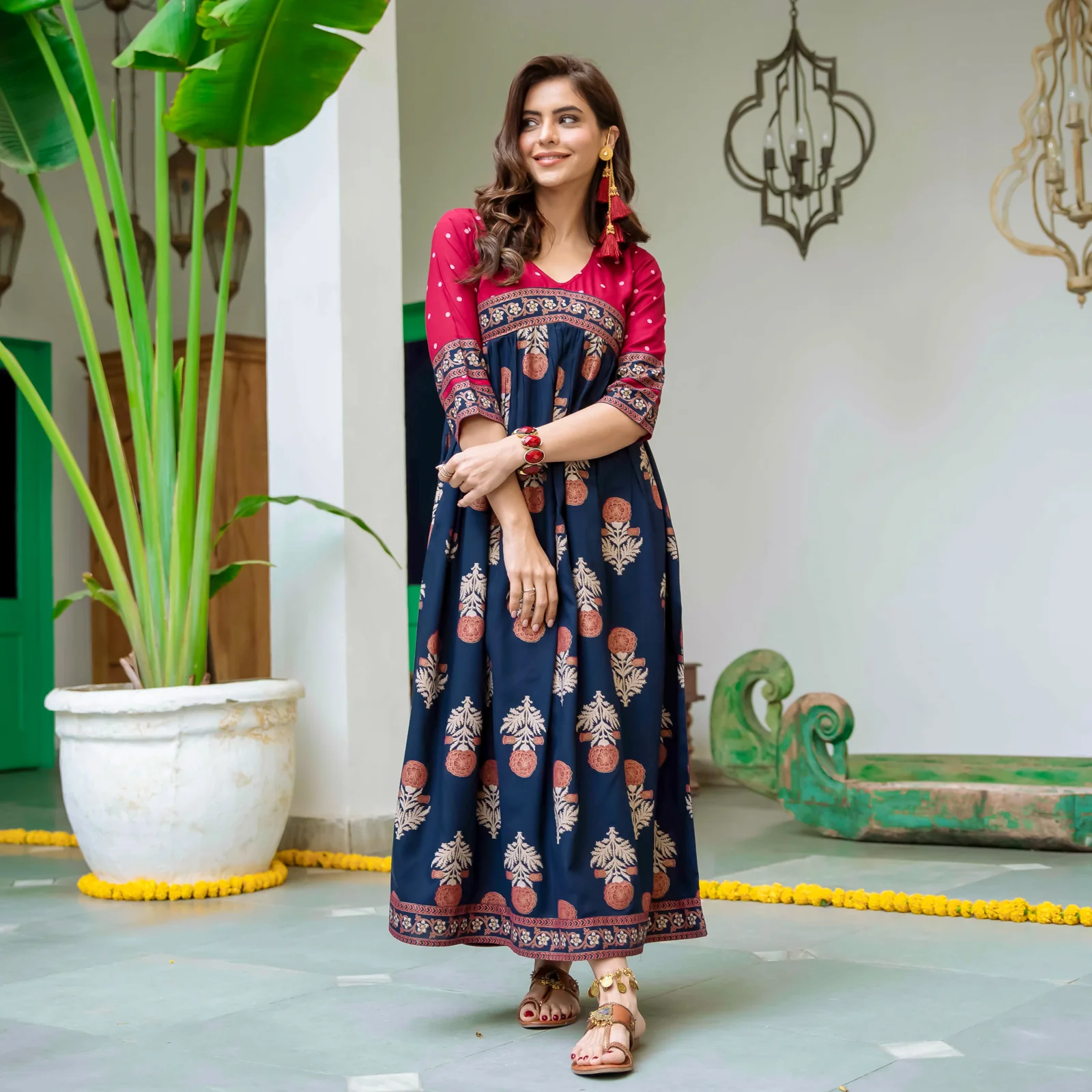 Blue & Maroon V Neck Alia Cut Dress with Gold Buta & Polka Prints - Image 3