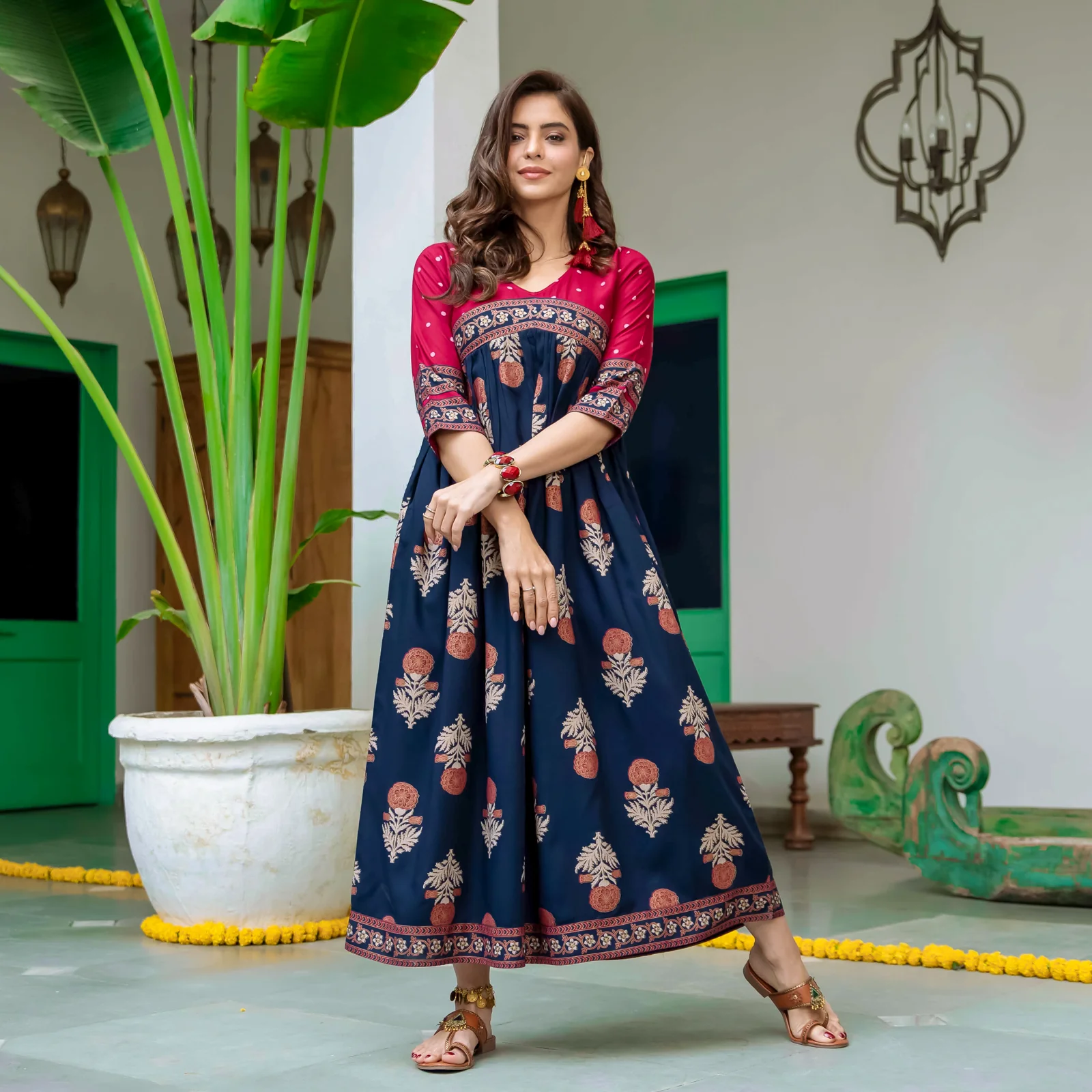 Blue & Maroon V Neck Alia Cut Dress with Gold Buta & Polka Prints - Image 4