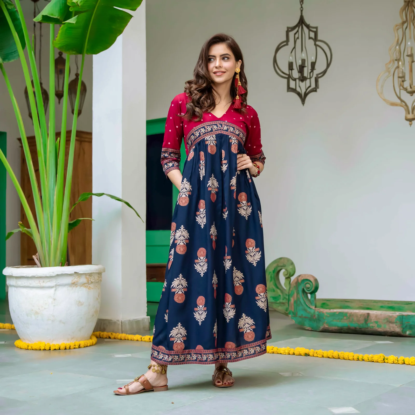 Blue & Maroon V Neck Alia Cut Dress with Gold Buta & Polka Prints - Image 5