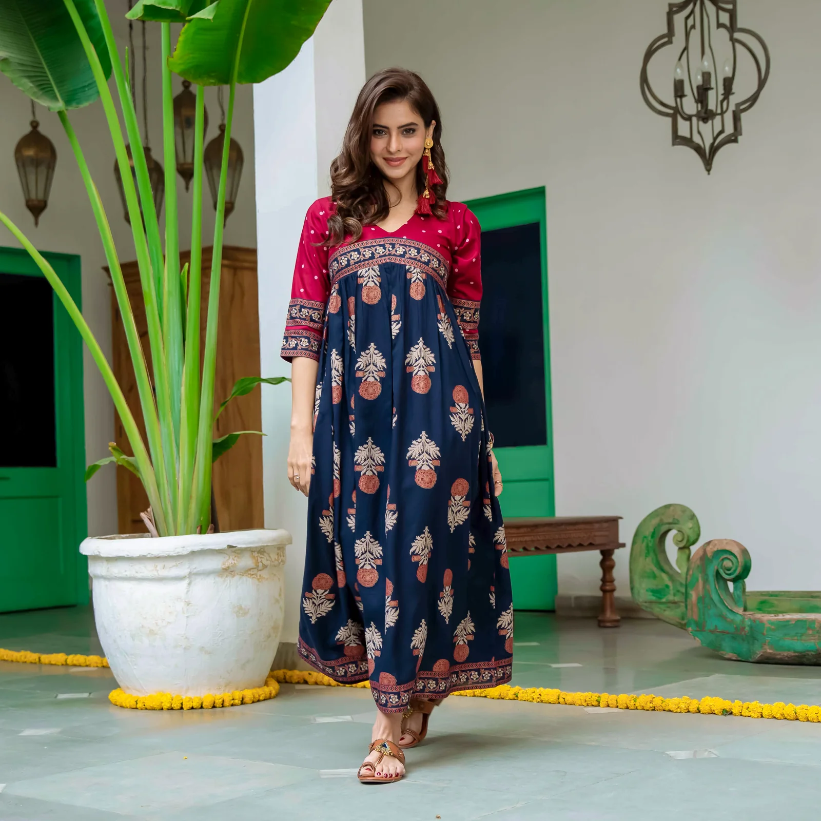 Blue & Maroon V Neck Alia Cut Dress with Gold Buta & Polka Prints - Image 6