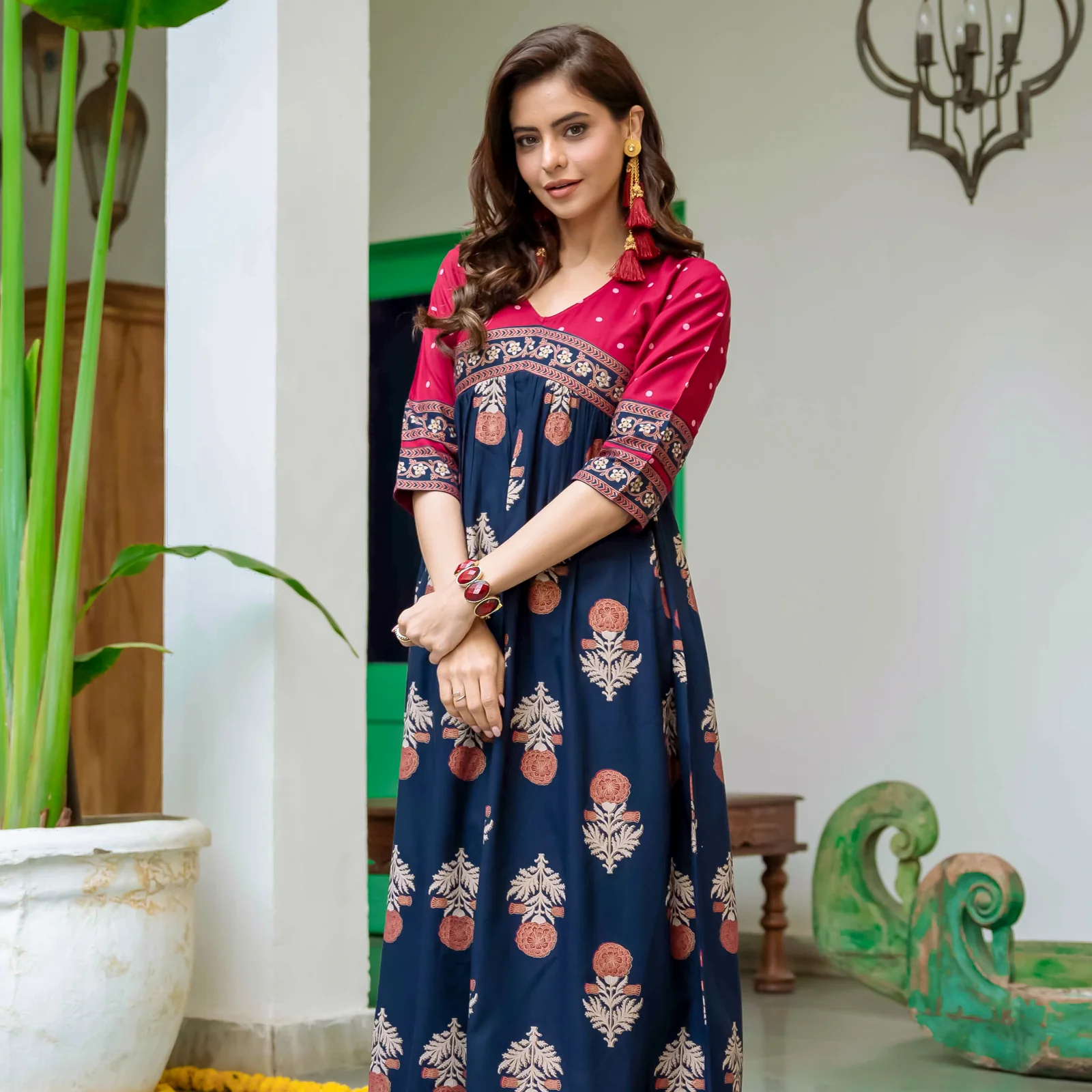 Blue & Maroon V Neck Alia Cut Dress with Gold Buta & Polka Prints - Image 7