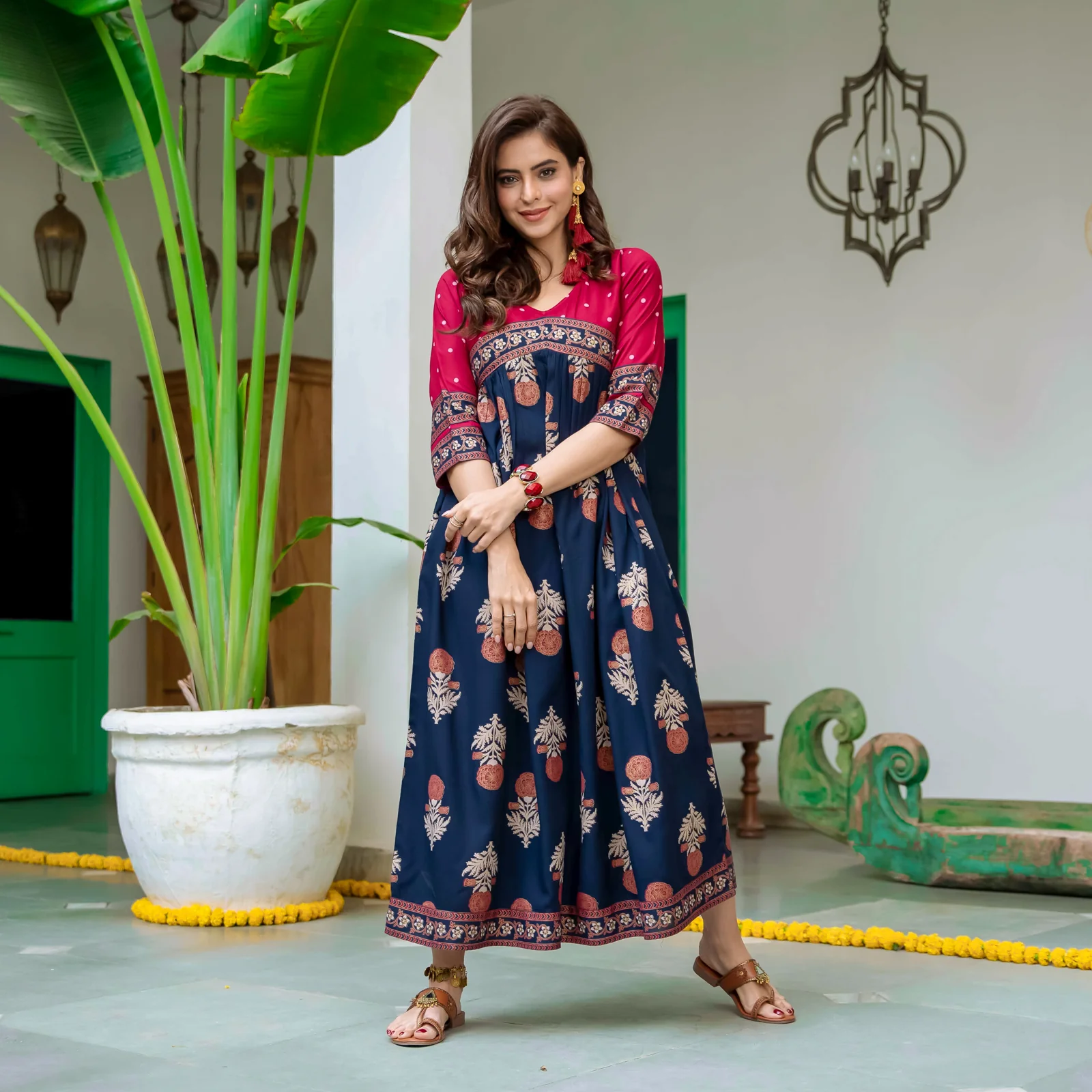 Blue & Maroon V Neck Alia Cut Dress with Gold Buta & Polka Prints - Image 8