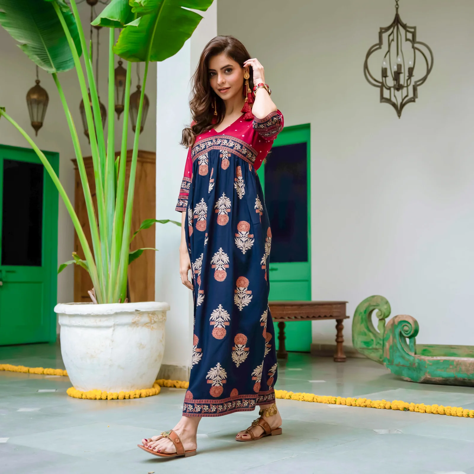 Blue & Maroon V Neck Alia Cut Dress with Gold Buta & Polka Prints - Image 9