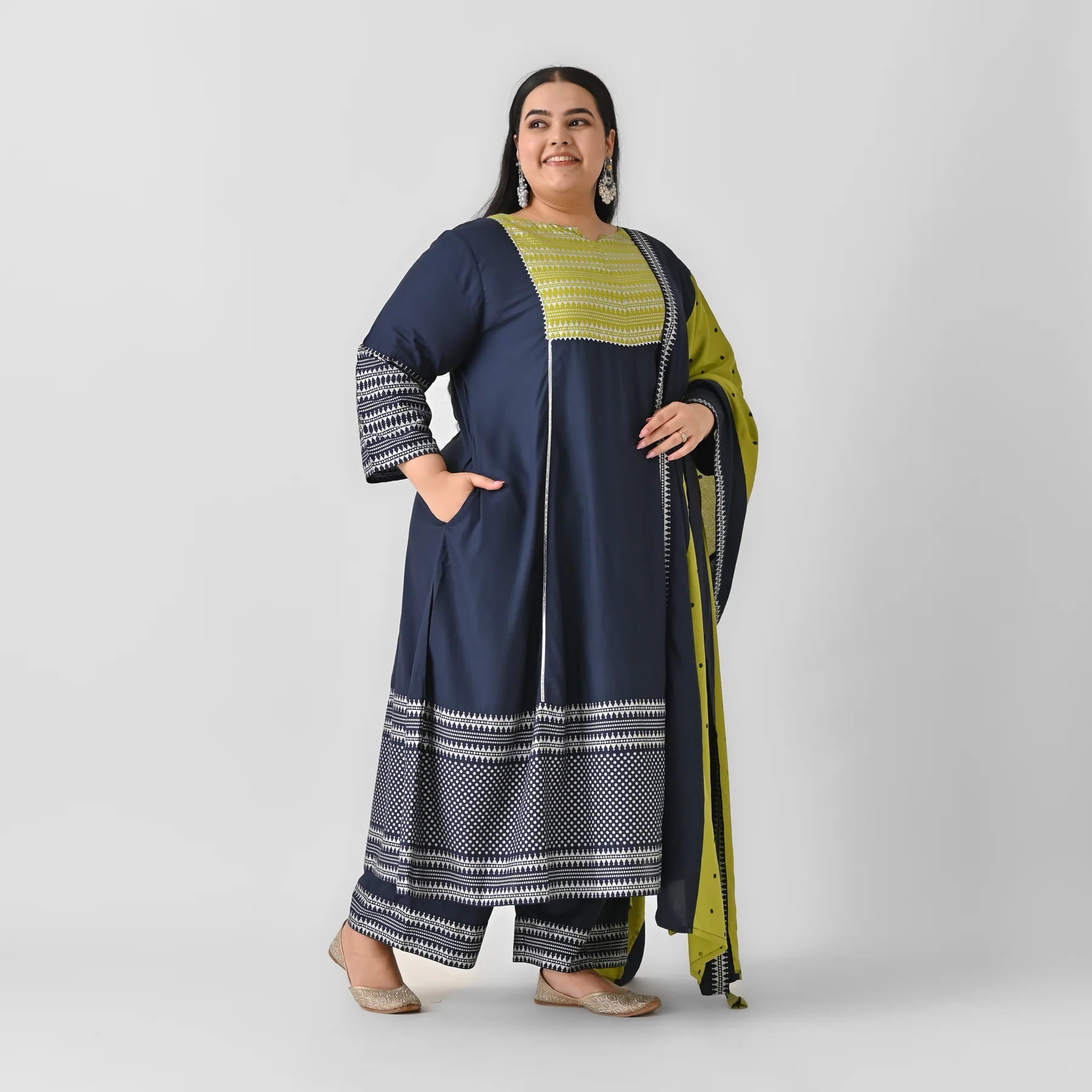 Blue & Olive Silver Printed Flared Kurta Dupatta Set with Gota Details - SOM - Image 5