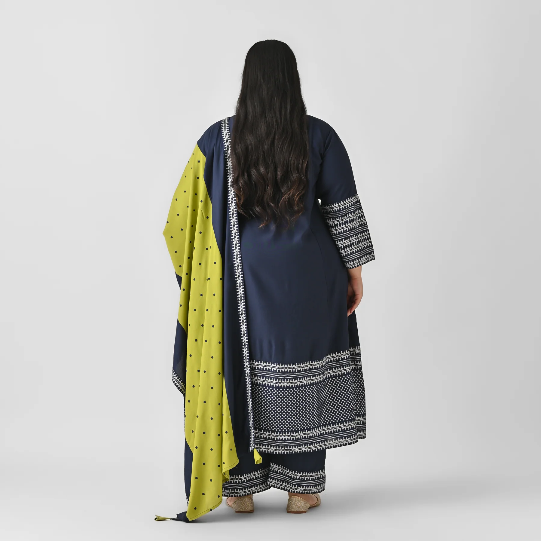 Blue & Olive Silver Printed Flared Kurta Dupatta Set with Gota Details - SOM - Image 6