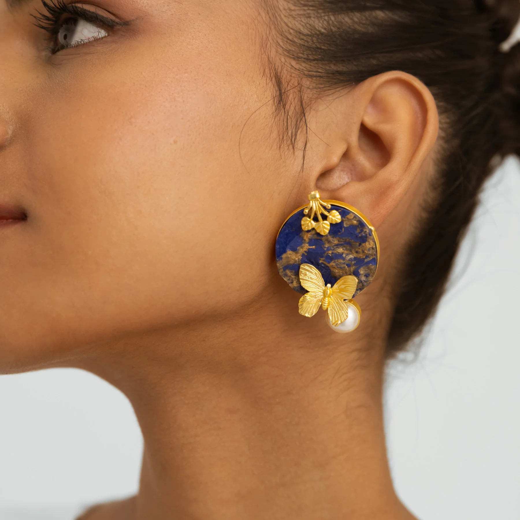 Blue Stone & Pearl Earrings - Gold - Image 2