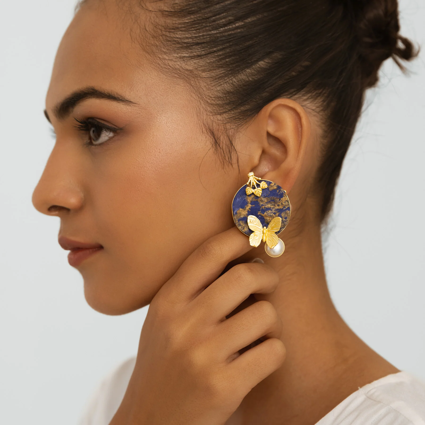 Blue Stone & Pearl Earrings - Gold - Image 3