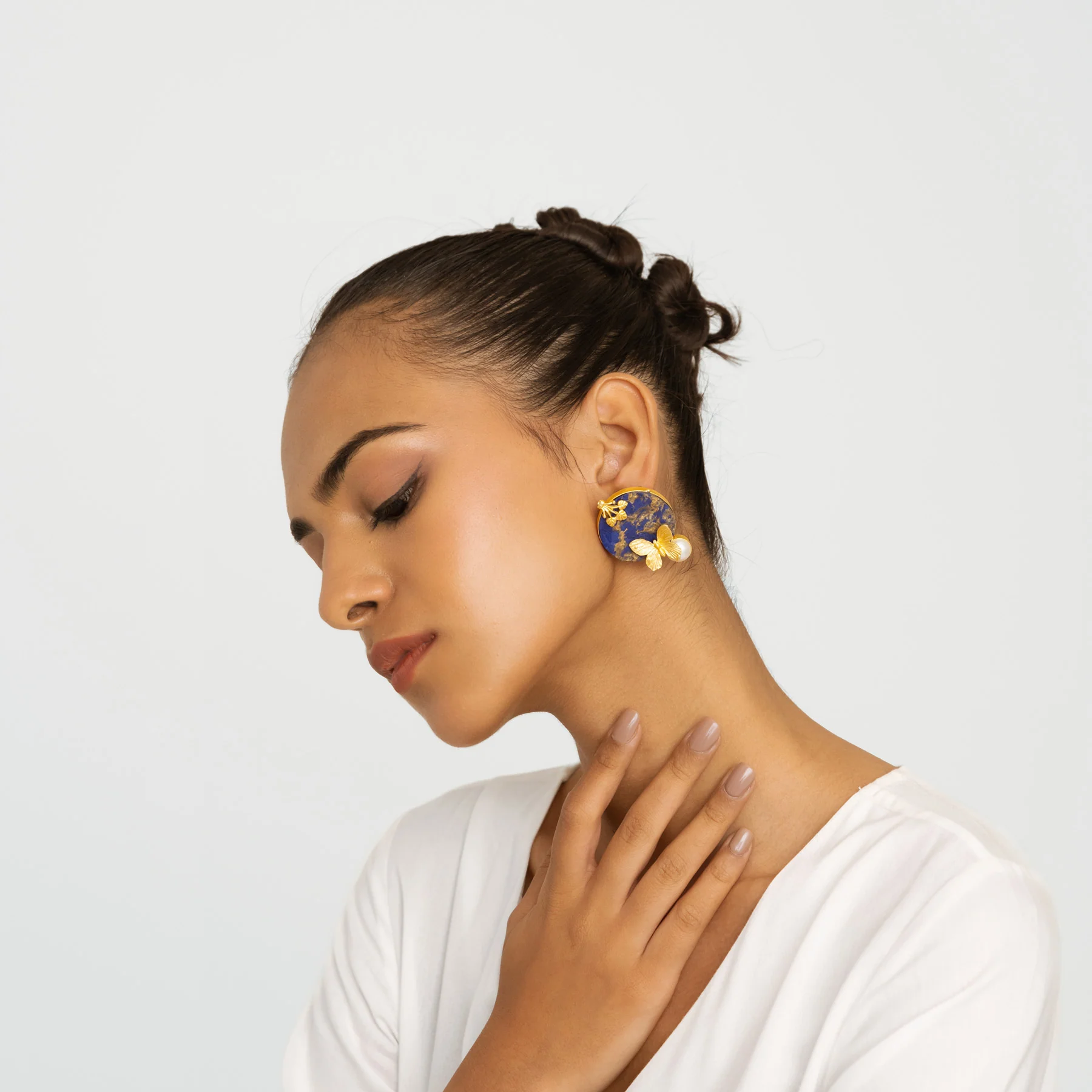 Blue Stone & Pearl Earrings - Gold - Image 4