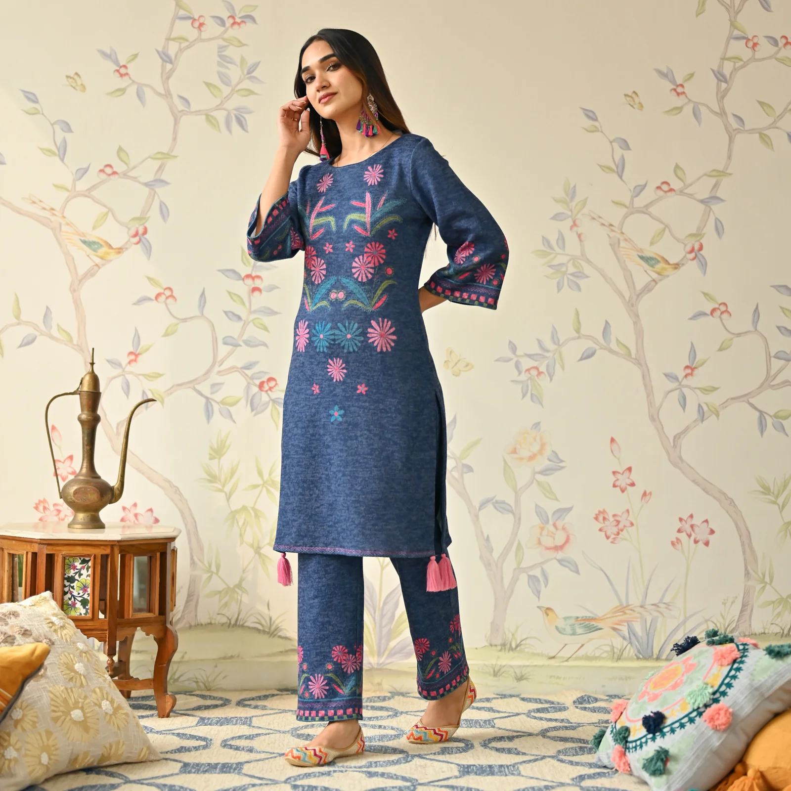 Blue Tribal Woollen Kurta Set with Tassel Detailing - Image 3