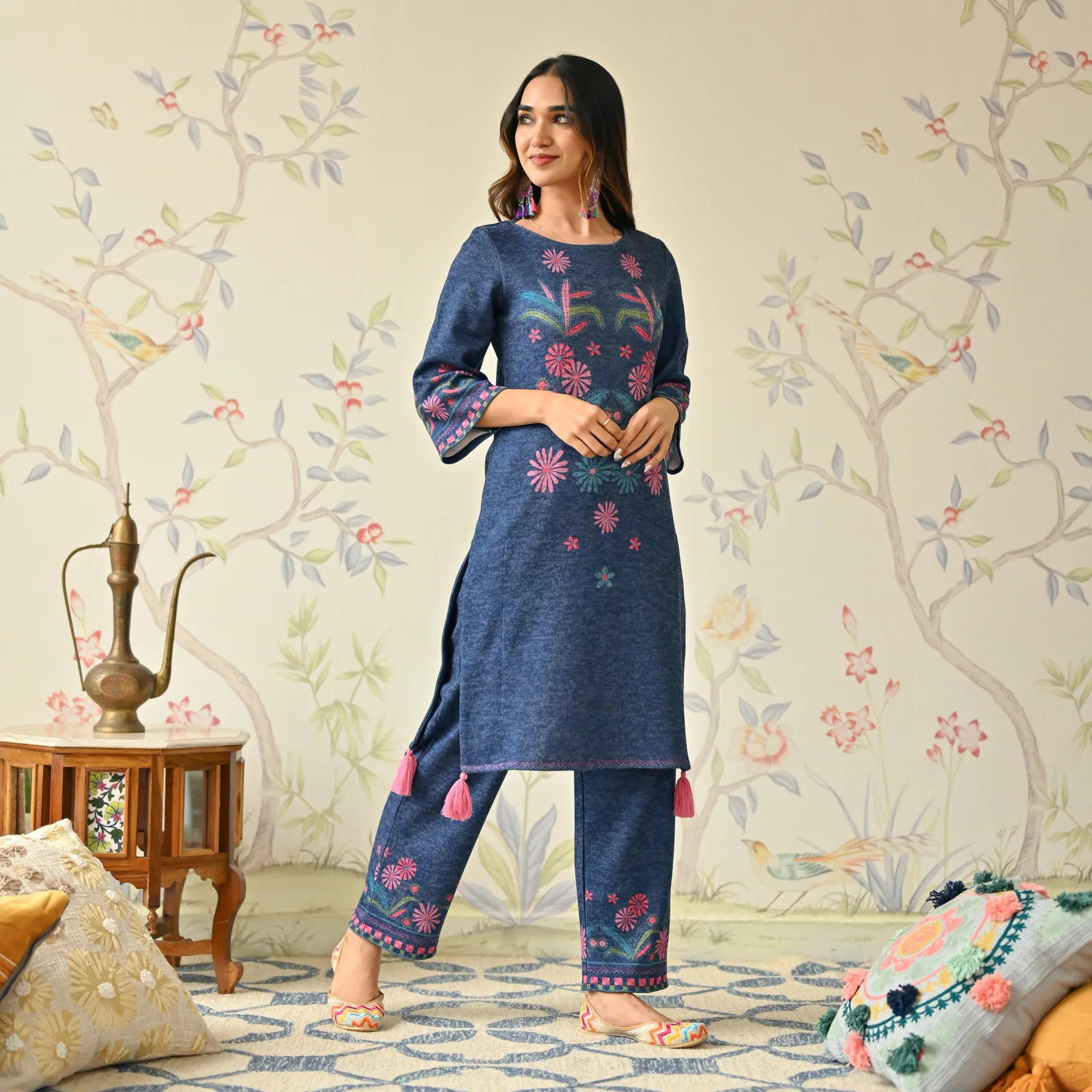 Blue Tribal Woollen Kurta Set with Tassel Detailing - Image 4
