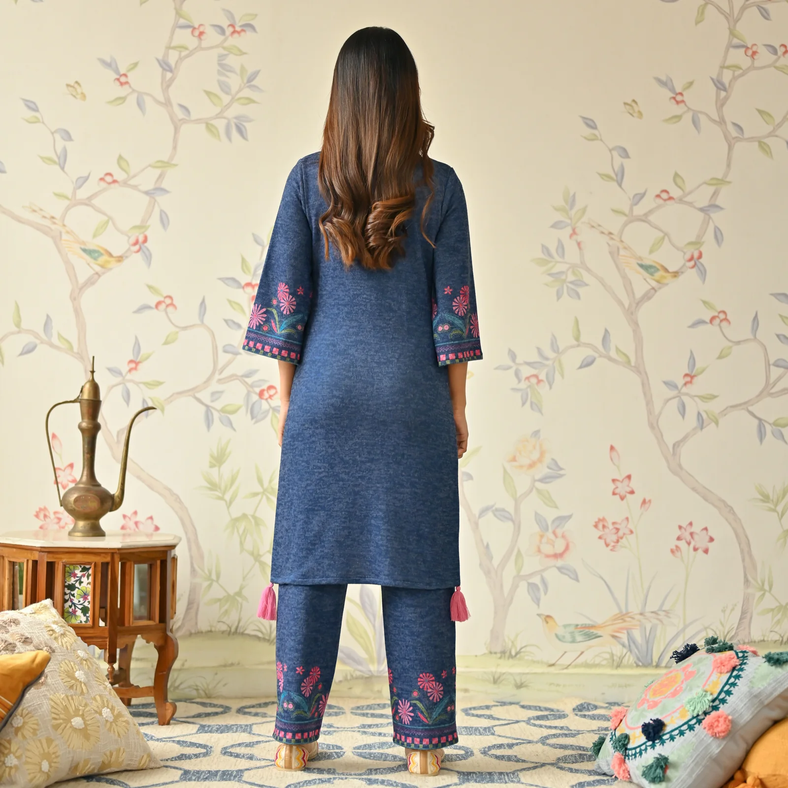 Blue Tribal Woollen Kurta Set with Tassel Detailing - Image 6