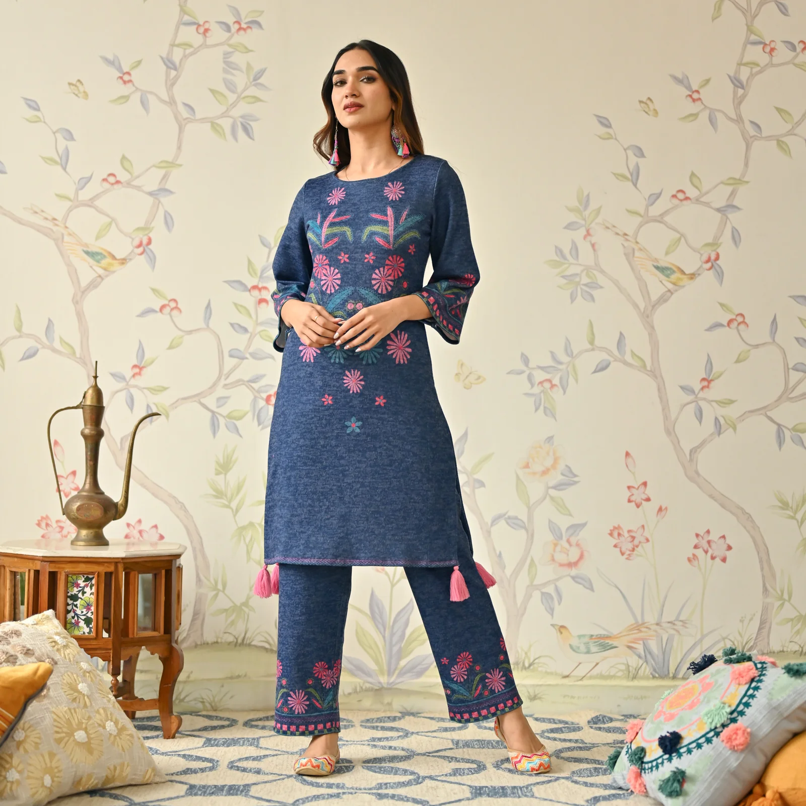 Blue Tribal Woollen Kurta with Tassel Detailing - Image 3