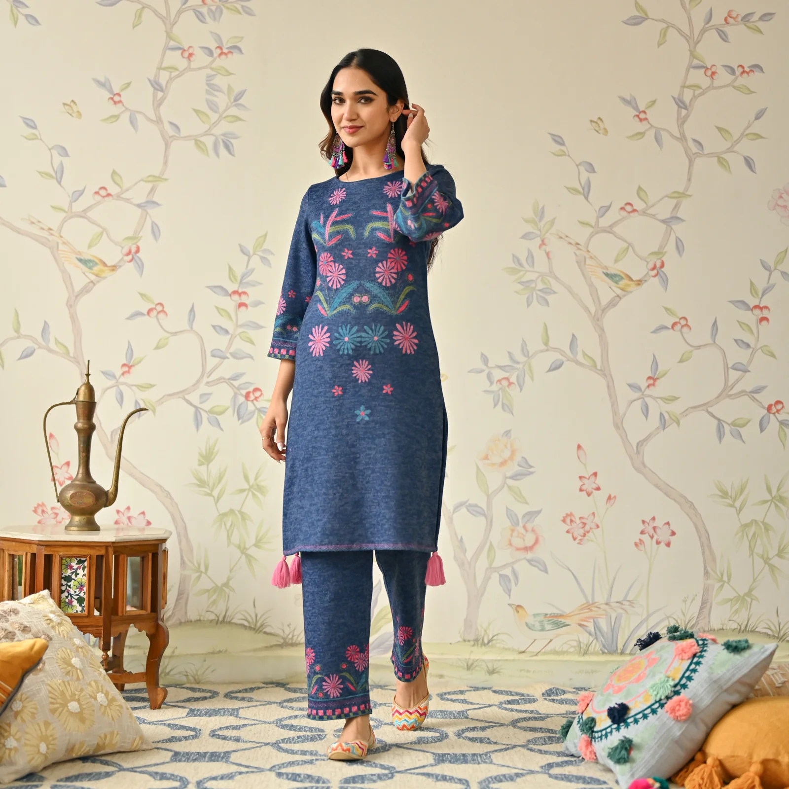 Blue Tribal Woollen Kurta with Tassel Detailing - Image 4