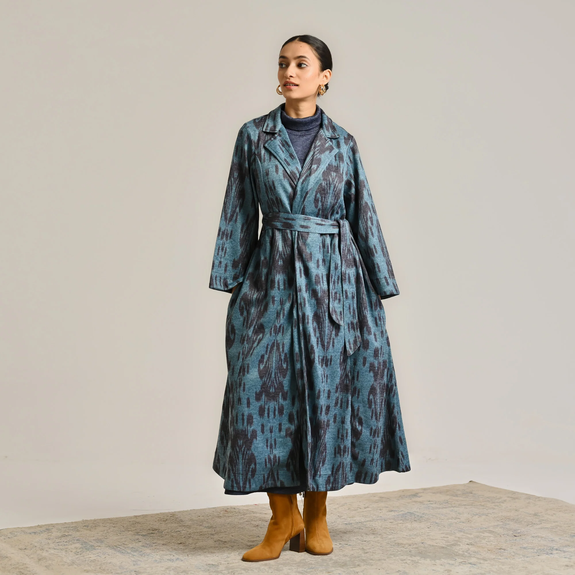 Blue Woollen Statement Trench Coat with Belt Detail - Image 4
