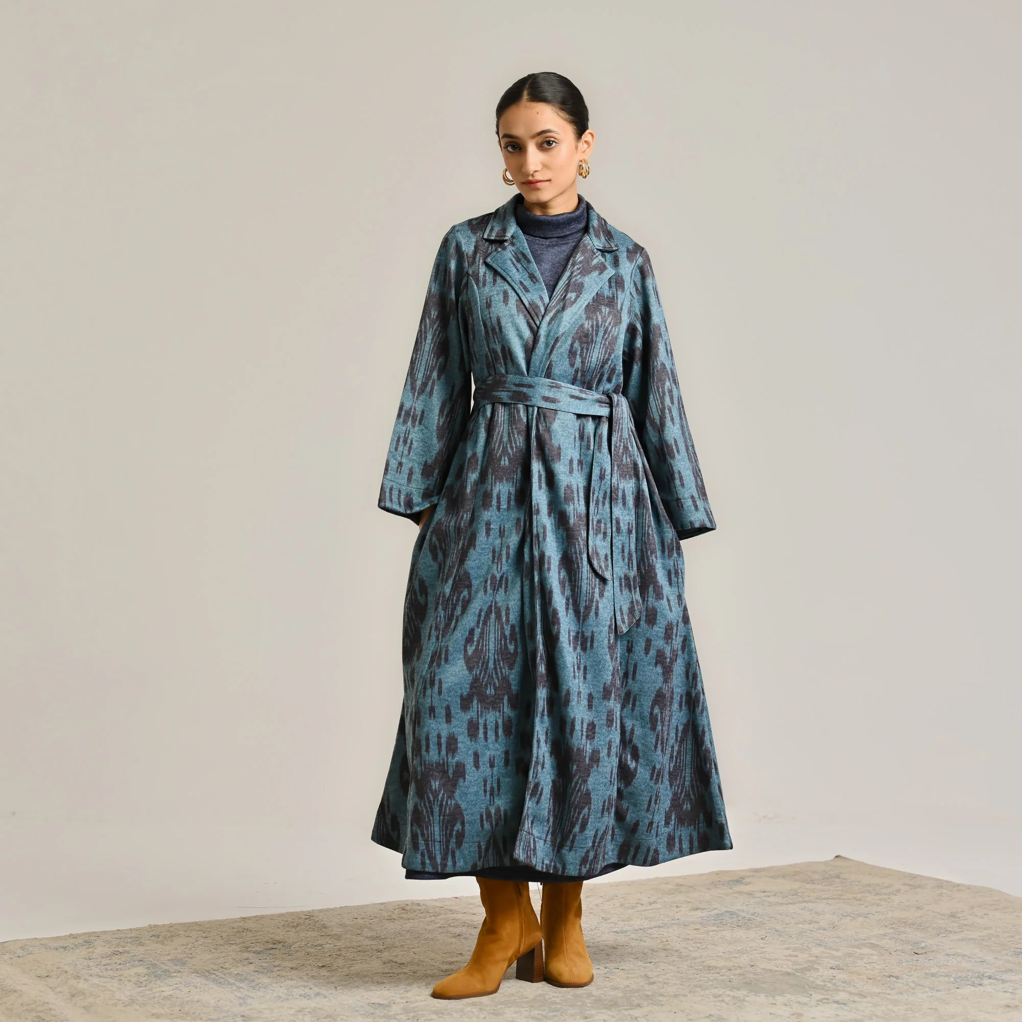 Blue Woollen Statement Trench Coat with Belt Detail - Image 5