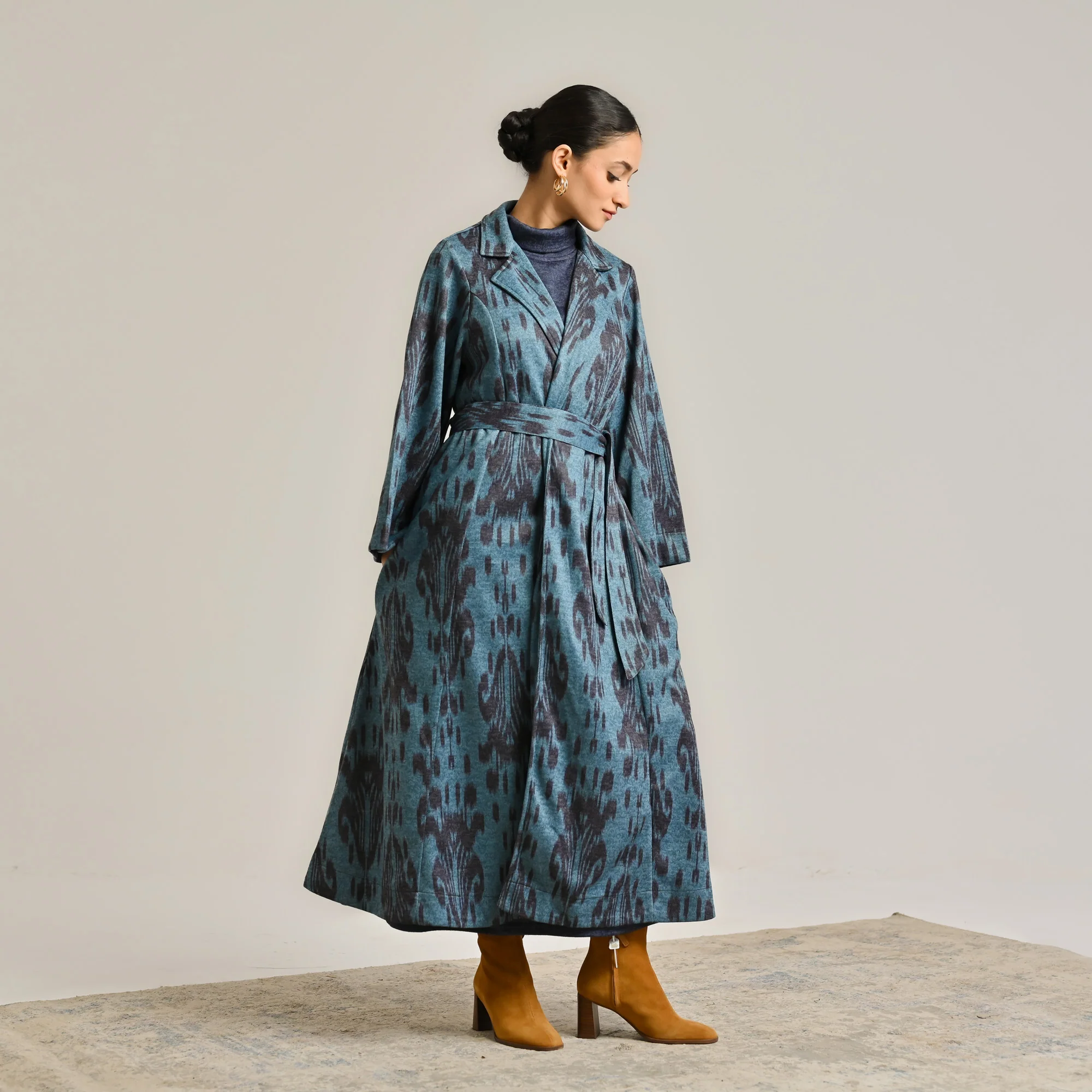 Blue Woollen Statement Trench Coat with Belt Detail - Image 6
