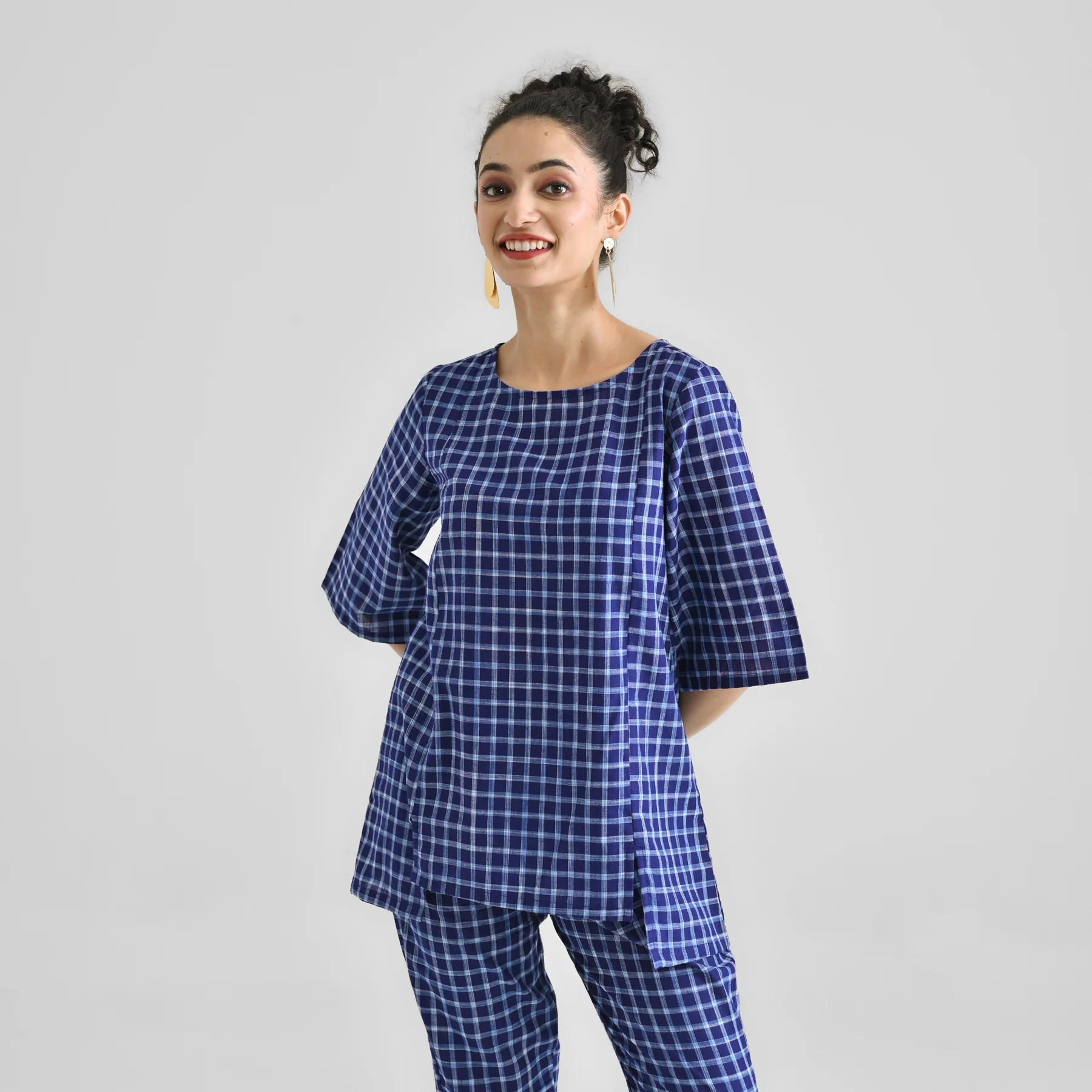 Blue Woven Cotton Co-ord Set with Slit Detail - Image 2