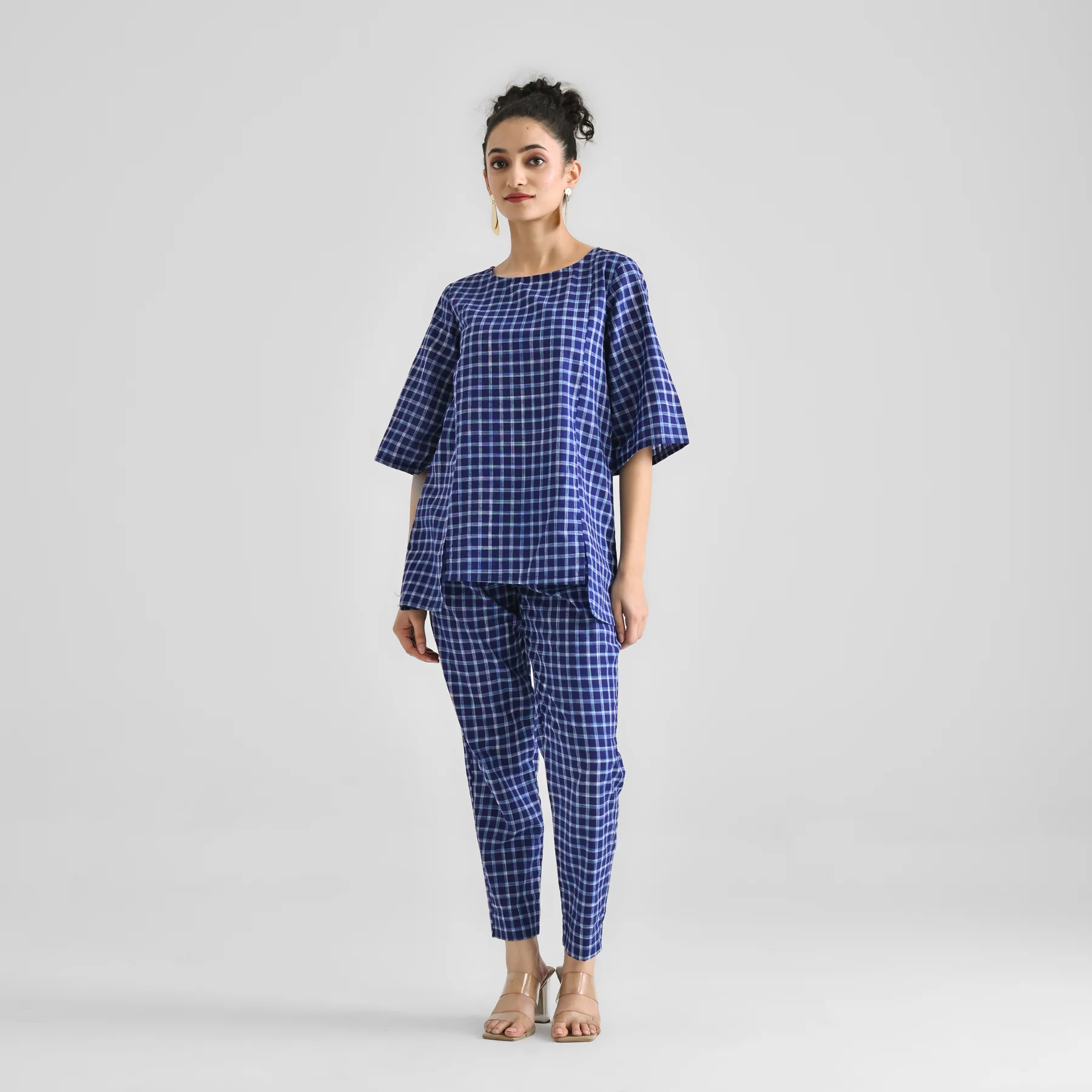Blue Woven Cotton Co-ord Set with Slit Detail - Image 3