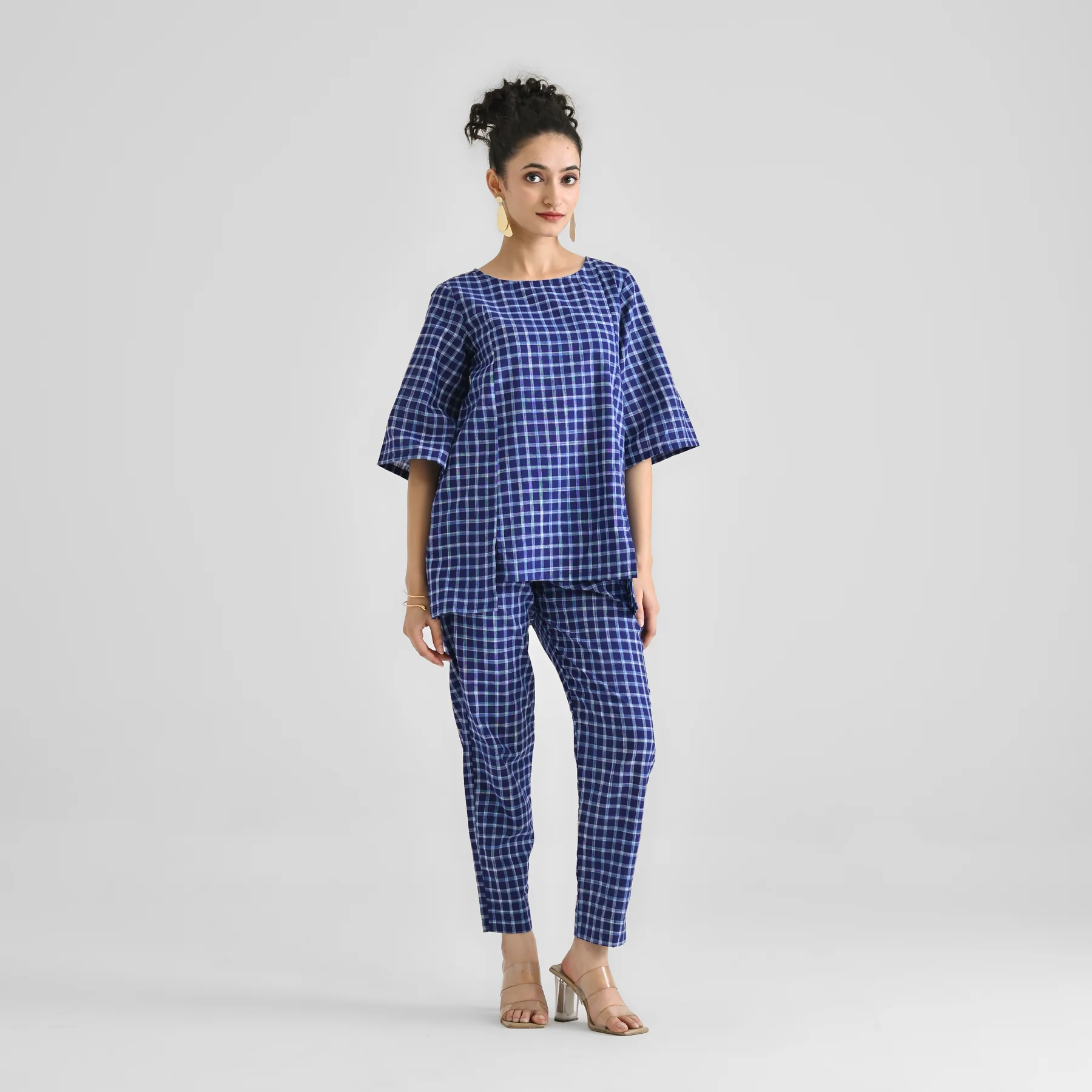 Blue Woven Cotton Co-ord Set with Slit Detail - Image 4