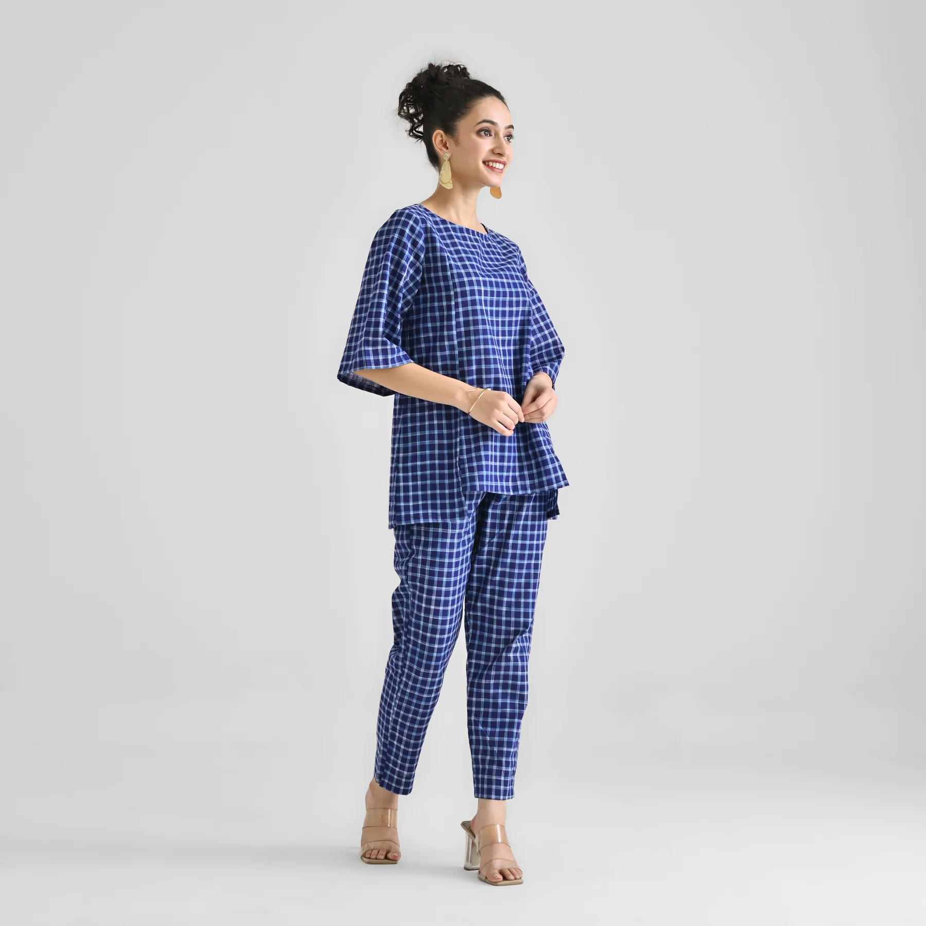 Blue Woven Cotton Co-ord Set with Slit Detail - Image 5