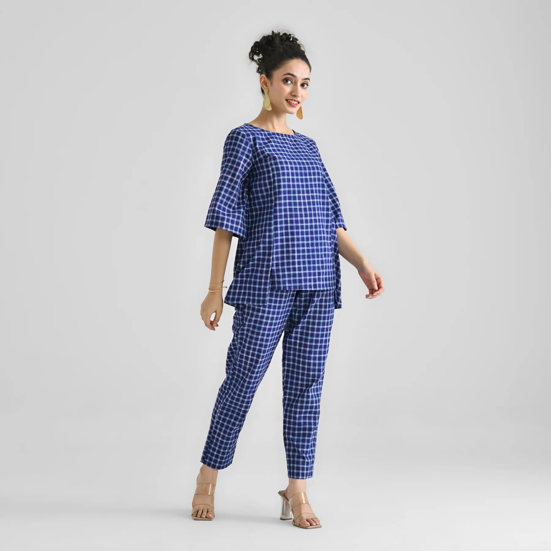 Blue Woven Cotton Co-ord Set with Slit Detail - Image 6