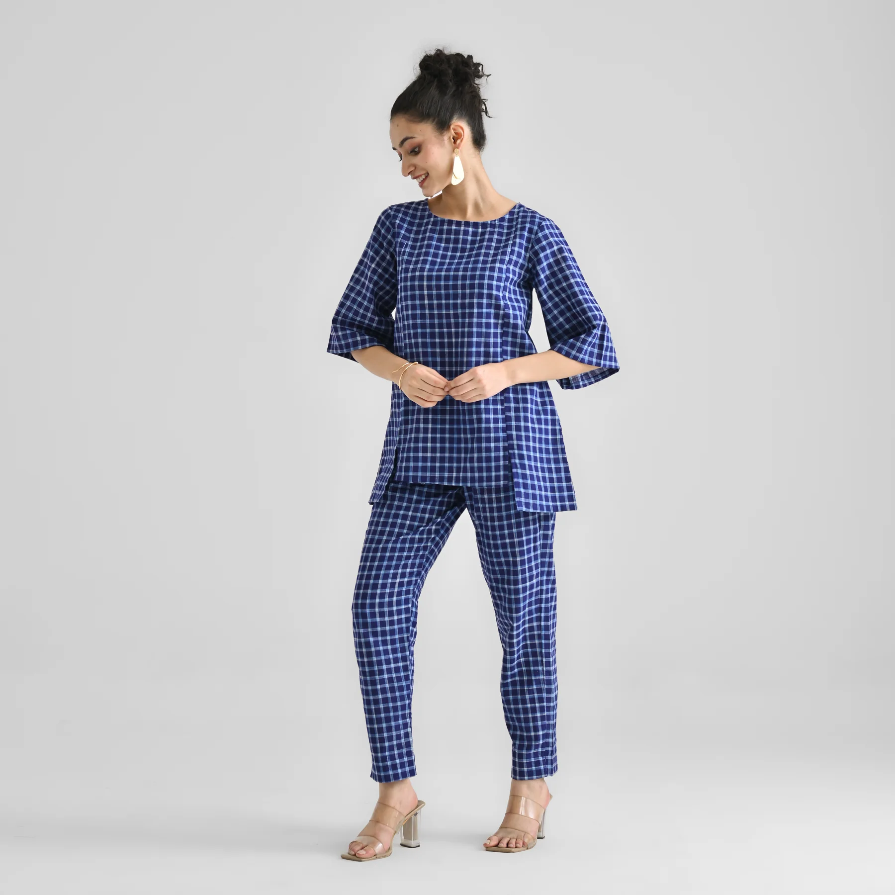 Blue Woven Cotton Co-ord Set with Slit Detail - Image 7