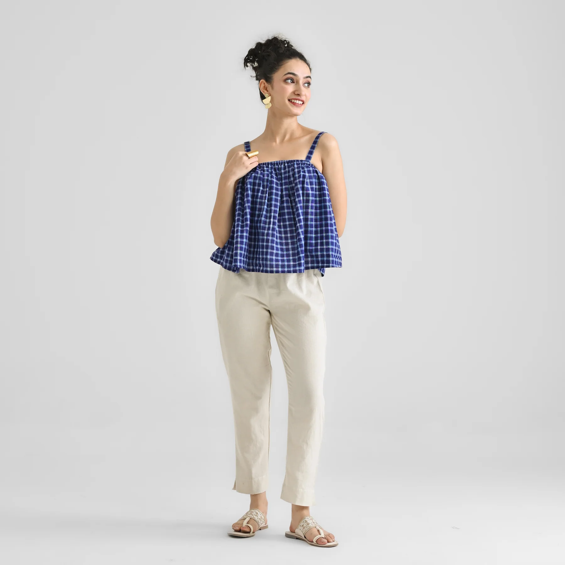 Blue Woven Cotton Crop Top with Adjustable Strap Detail - Image 3