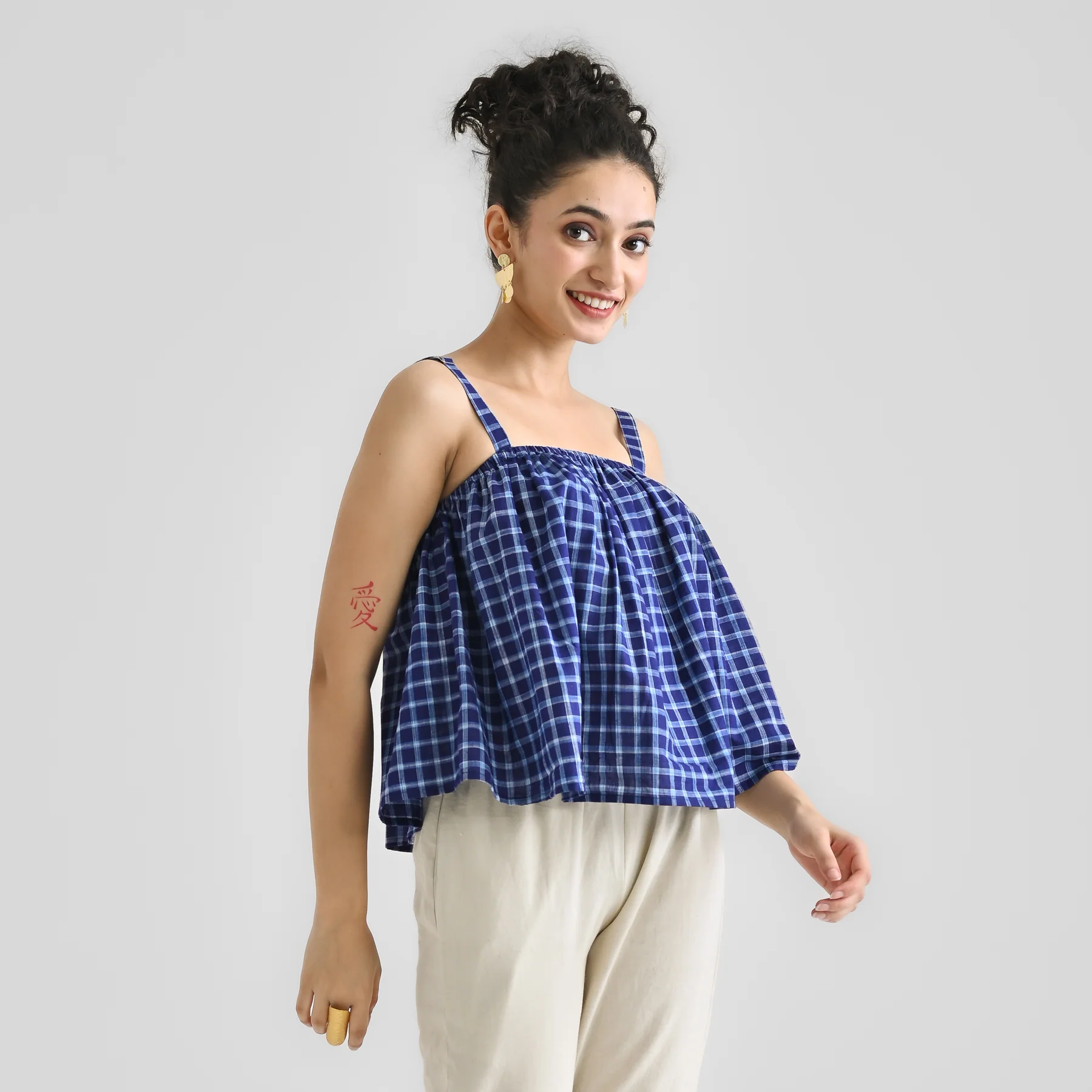 Blue Woven Cotton Crop Top with Adjustable Strap Detail - Image 5
