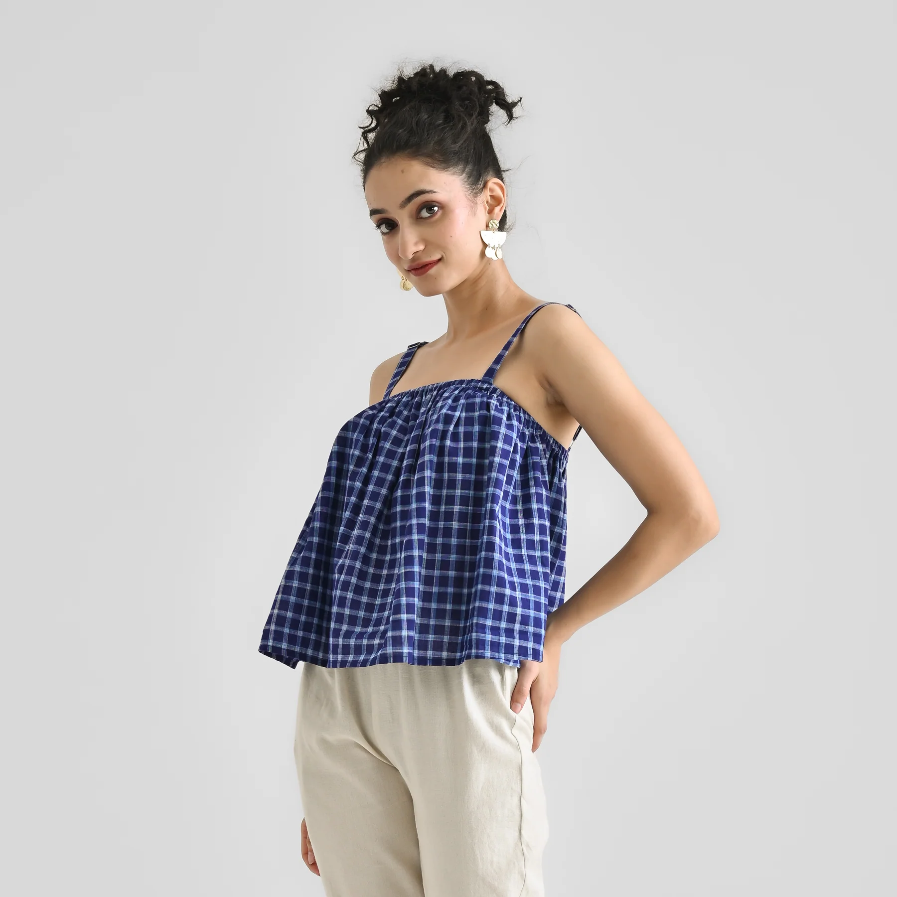 Blue Woven Cotton Crop Top with Adjustable Strap Detail - Image 6