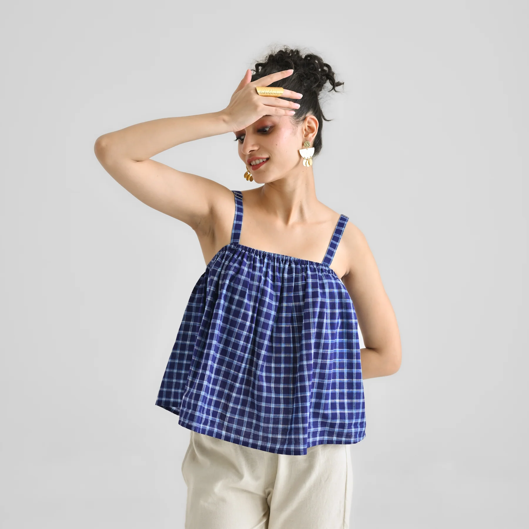 Blue Woven Cotton Crop Top with Adjustable Strap Detail - Image 7