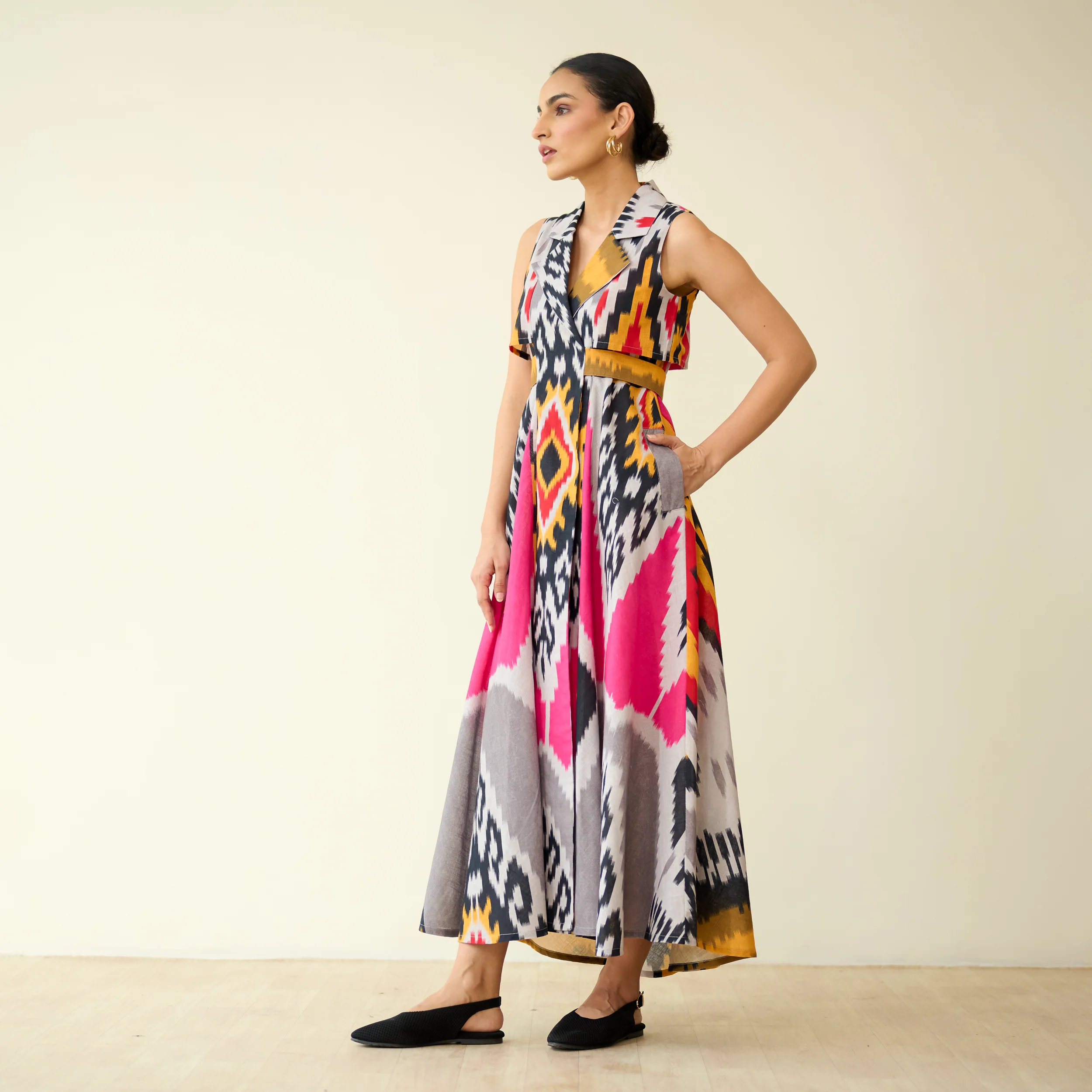 Bohemian Breeze Slub Cotton Dress - Pink & Grey - Image 5