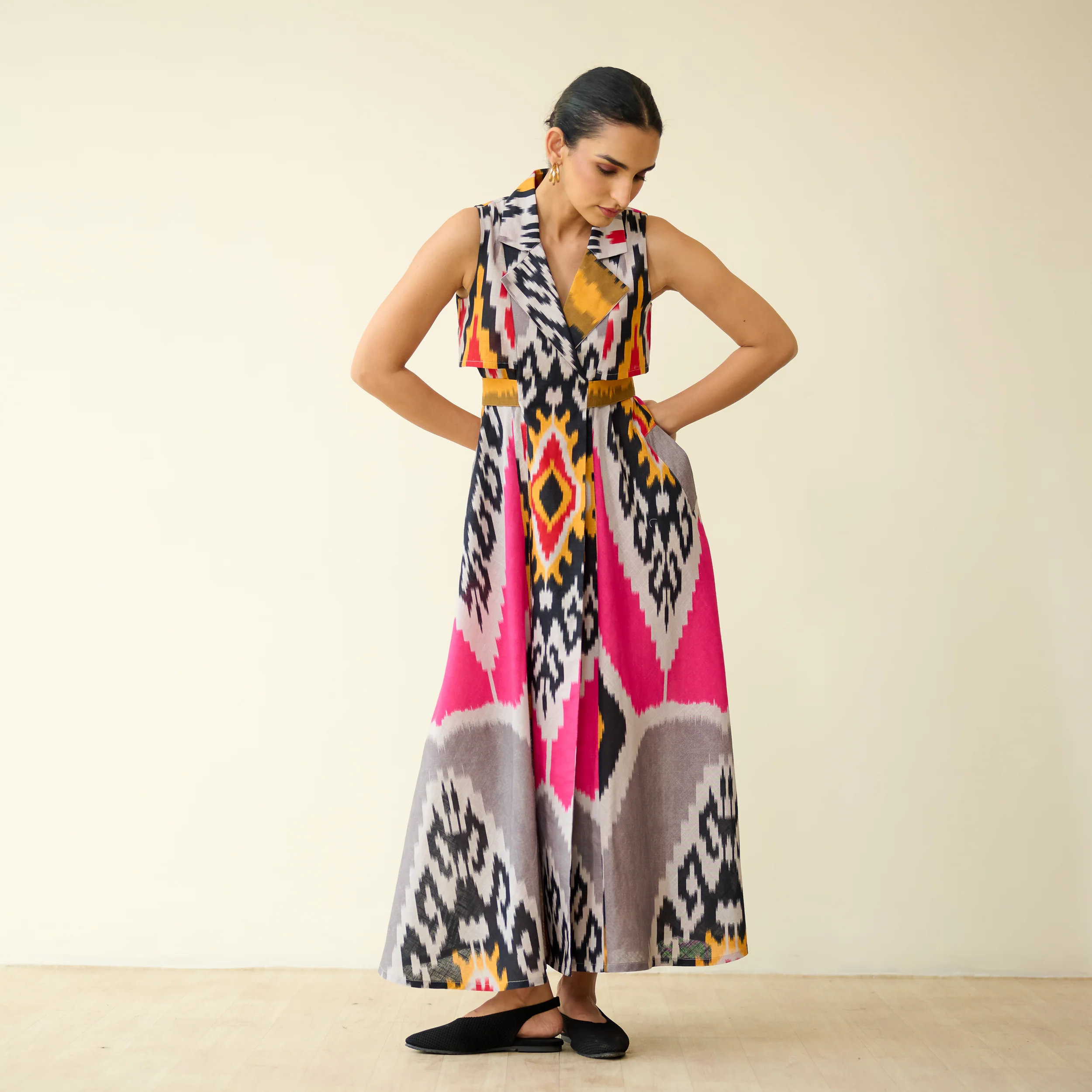 Bohemian Breeze Slub Cotton Dress - Pink & Grey - Image 8