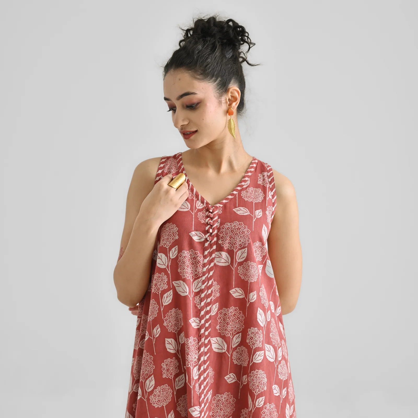 Brick Red Dabu Inspired Floral Sleeveless Dress with Neckline & Centre Front Detail - Image 3