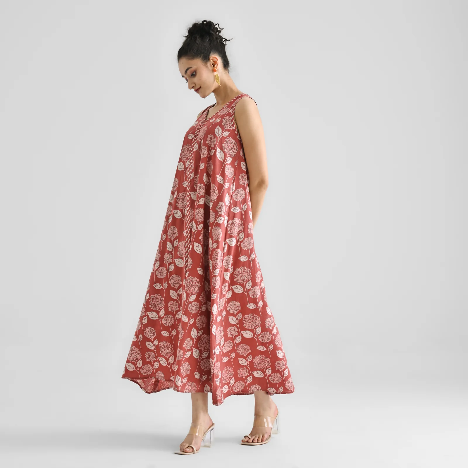 Brick Red Dabu Inspired Floral Sleeveless Dress with Neckline & Centre Front Detail - Image 4
