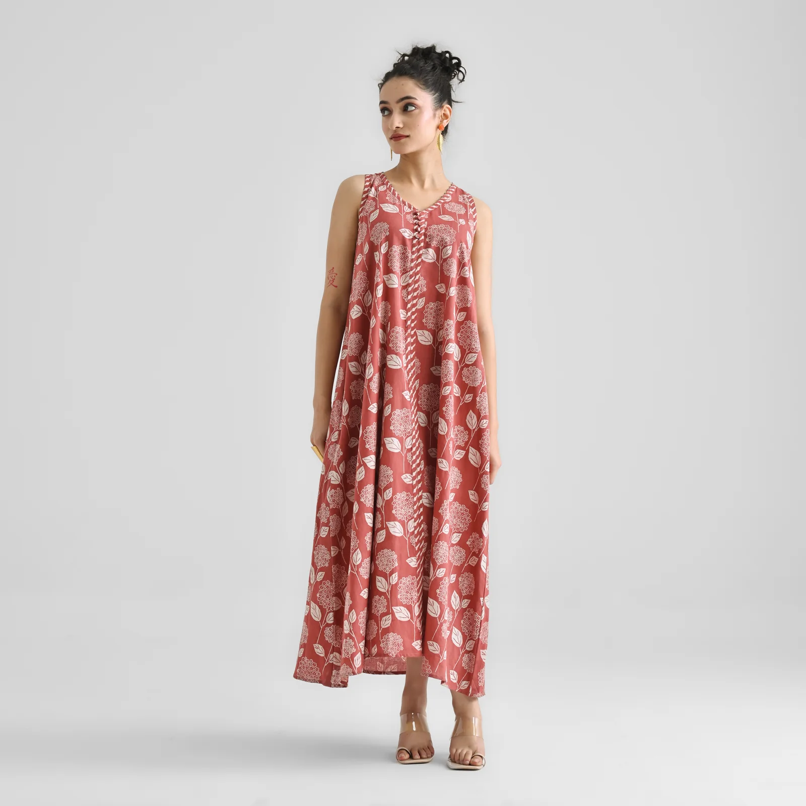 Brick Red Dabu Inspired Floral Sleeveless Dress with Neckline & Centre Front Detail - Image 5
