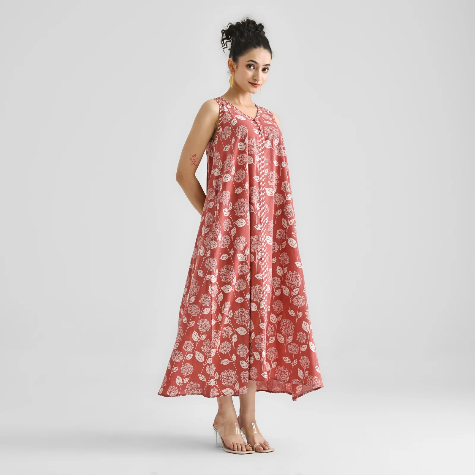 Brick Red Dabu Inspired Floral Sleeveless Dress with Neckline & Centre Front Detail - Image 6