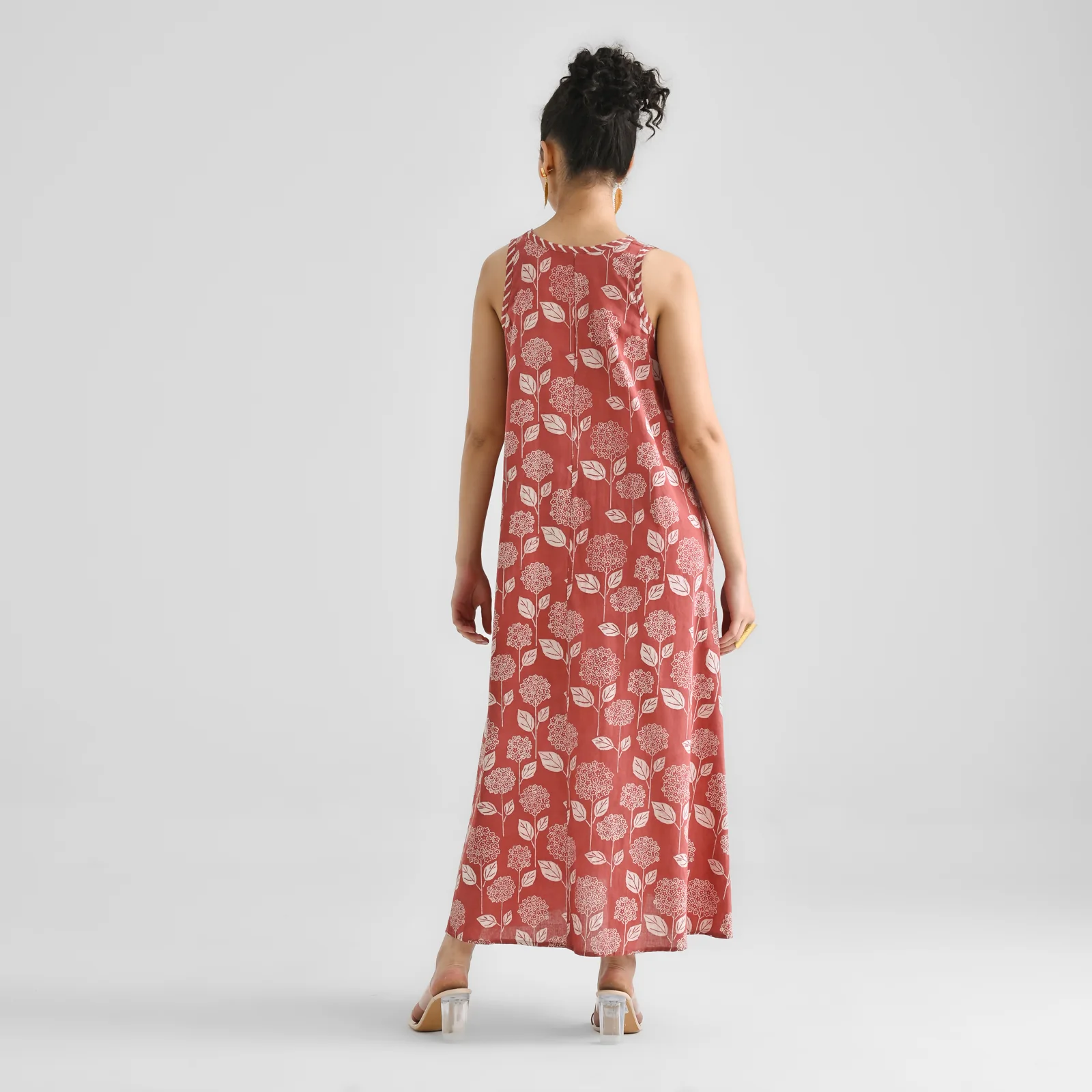 Brick Red Dabu Inspired Floral Sleeveless Dress with Neckline & Centre Front Detail - Image 7